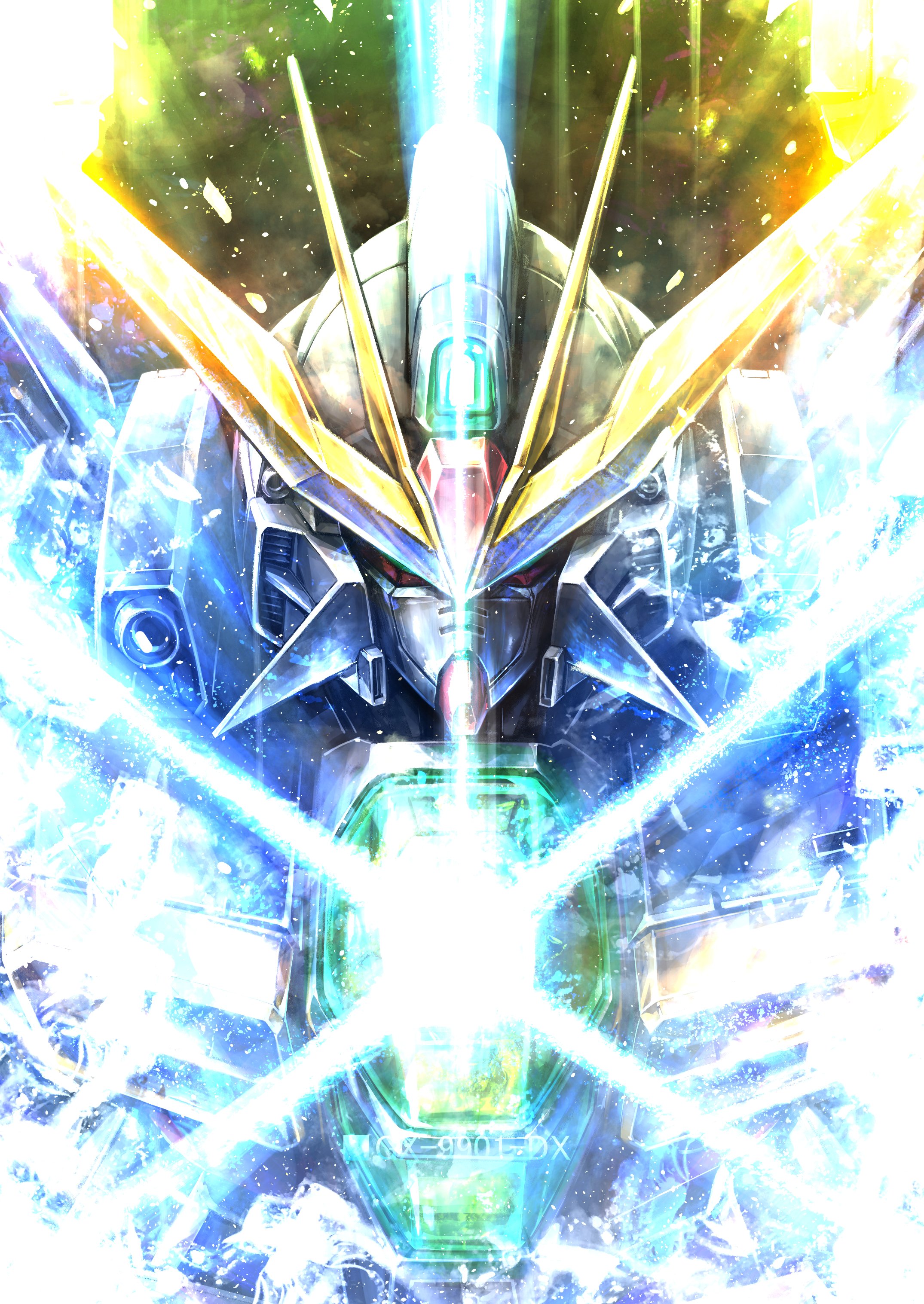 takamaru (taka1220), gundam double x, after war gundam x, gundam, absurdres, commentary request, highres, character name, glowing, light particles, mecha, mecha focus, mobile suit, no humans, robot, science fiction, solo, upper body, v-fin