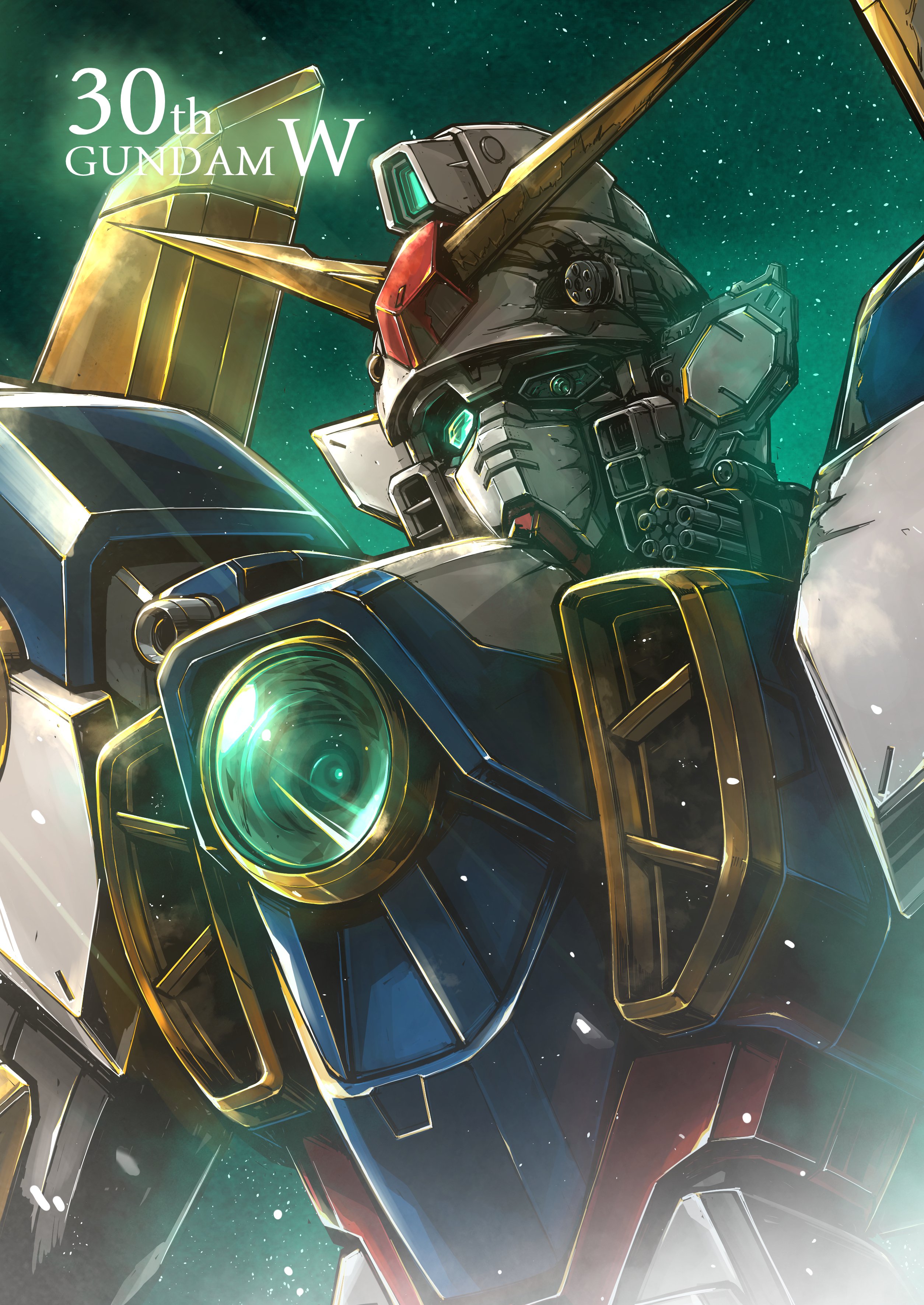 takamaru (taka1220), wing gundam, gundam, gundam wing, absurdres, commentary request, highres, anniversary, copyright name, damaged, green eyes, light particles, mecha, mecha focus, mobile suit, no humans, robot, science fiction, solo, upper body, v-fin