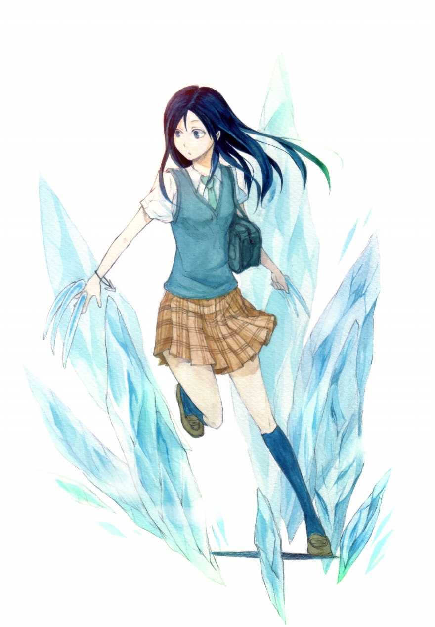 mio (artist), mio (rominuato), kusunoki nami, alive – the final evolution, bad id, bad pixiv id, highres, 1girl, black hair, blue eyes, female focus, ice, kneehighs, necktie, school uniform, short hair, socks, solo