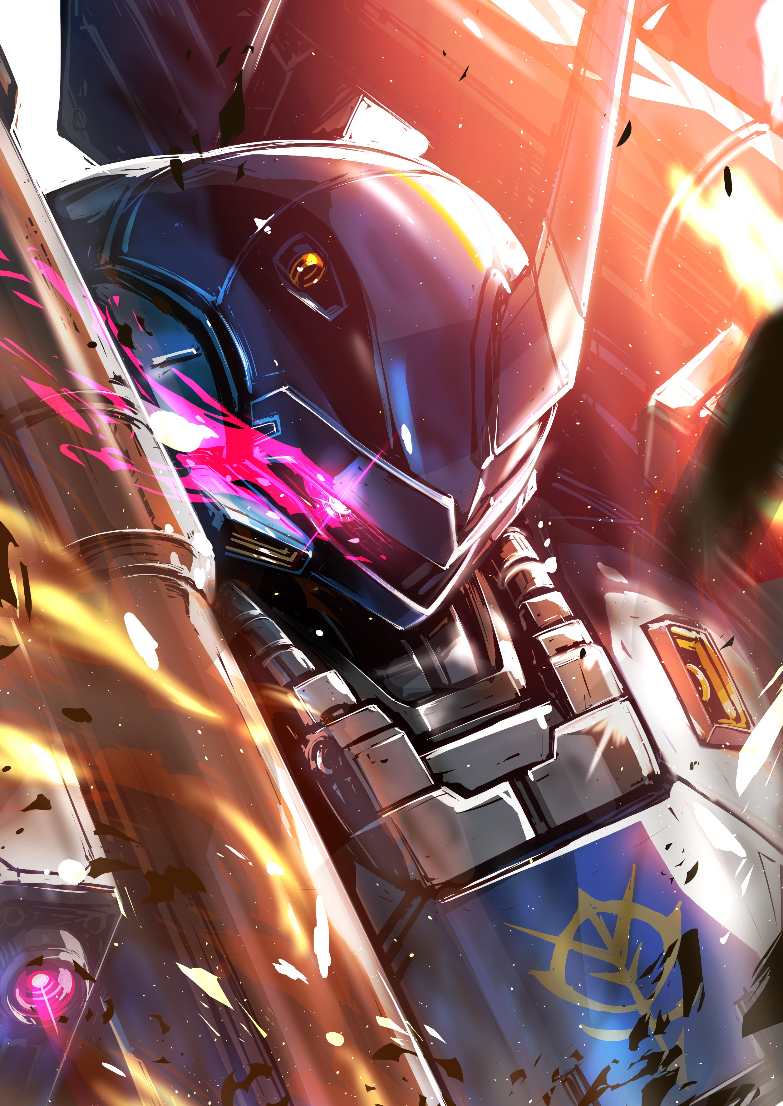 takamaru (taka1220), kampfer (mobile suit), gundam, gundam 0080, absurdres, commentary request, highres, debris, flaming eye, glowing, glowing eye, horns, looking at viewer, mecha, mecha focus, mobile suit, no humans, one-eyed, purple eyes, robot, science fiction, single horn, solo, upper body, zeon