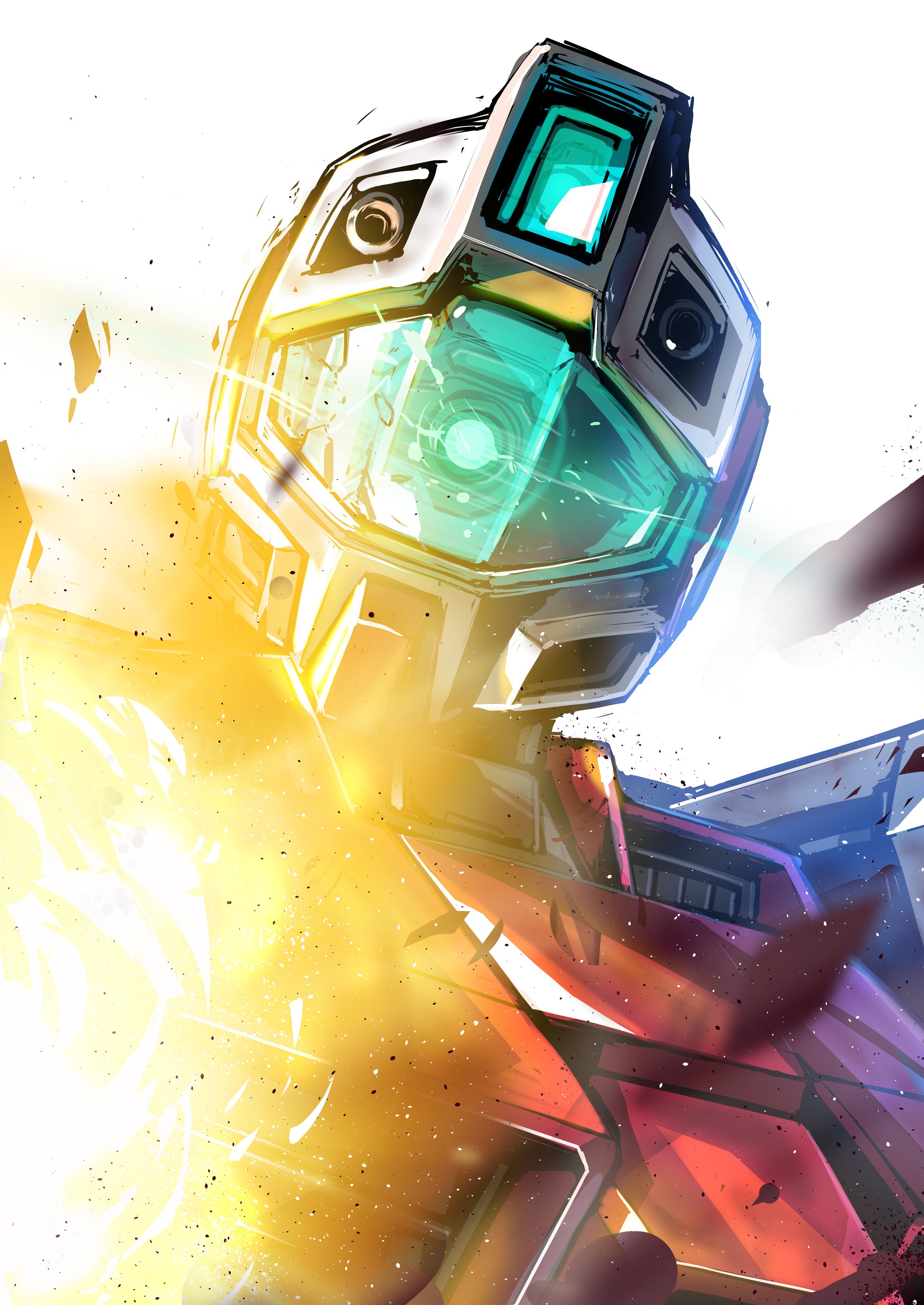 takamaru (taka1220), gm command, gundam, gundam 0080, absurdres, commentary request, highres, assault visor, debris, green visor, mecha, mecha focus, mobile suit, no humans, robot, science fiction, simple background, solo, upper body, white background