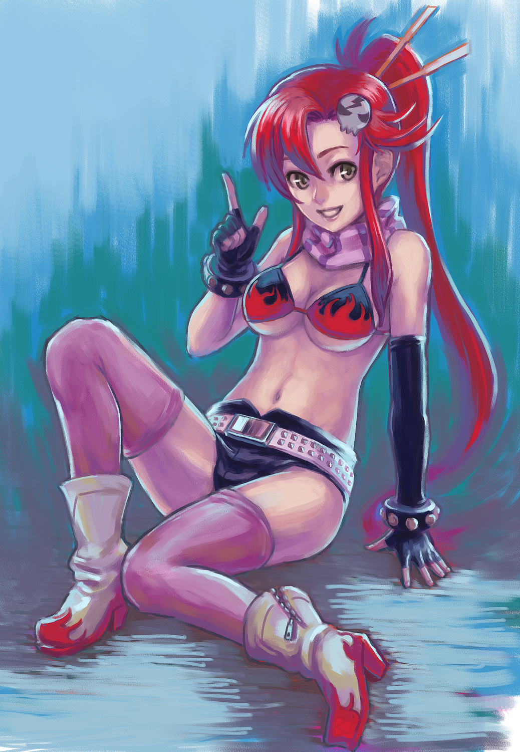 utu (ldnsft), yoko littner, tengen toppa gurren lagann, highres, 00s, belt, bikini, bikini top only, boots, elbow gloves, fingerless gloves, gloves, hair ornament, legs, long hair, midriff, pink thighhighs, ponytail, red hair, scarf, short shorts, shorts, sitting, solo, swimsuit, thighhighs