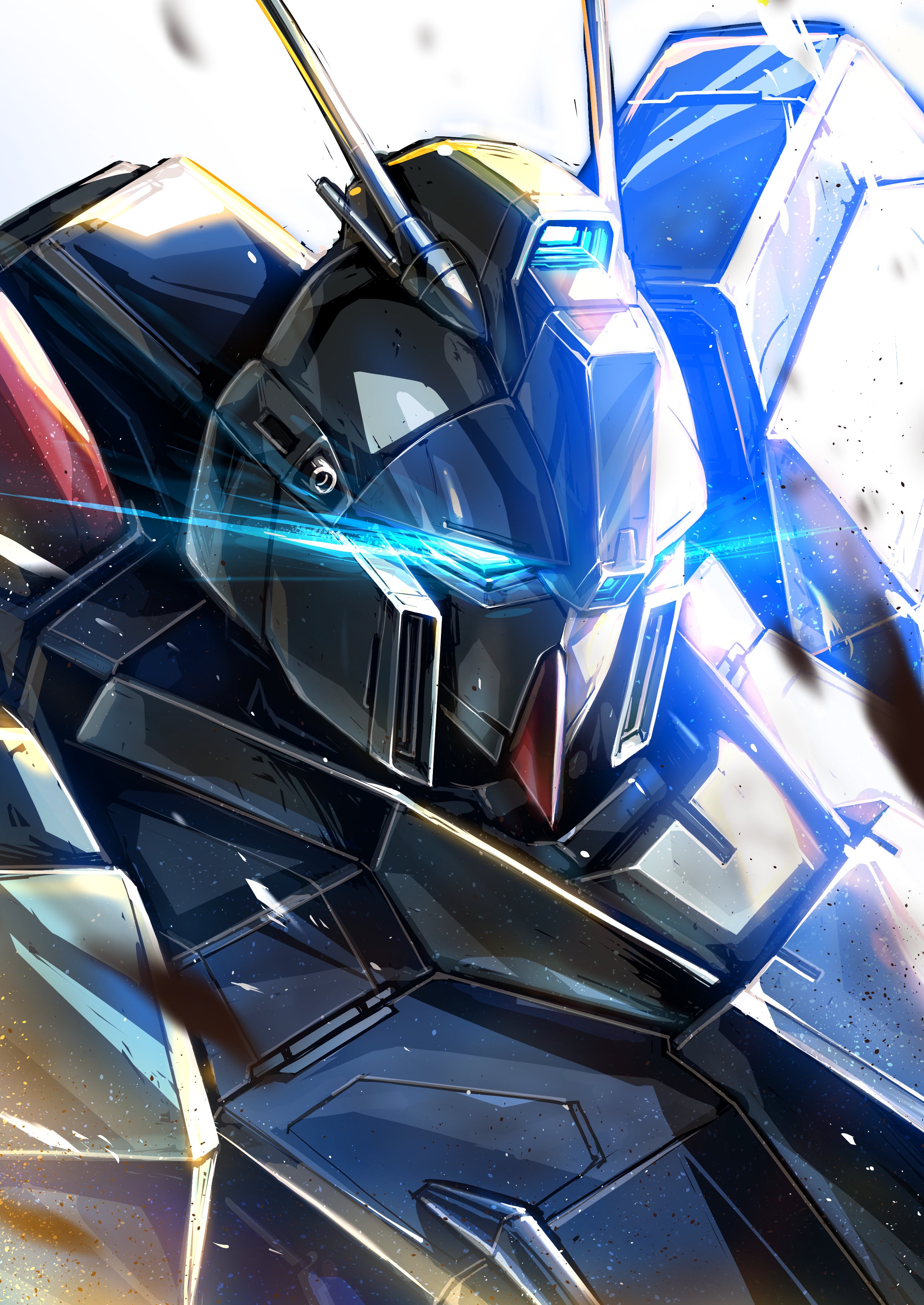 takamaru (taka1220), re-gz, char's counterattack, gundam, absurdres, commentary request, highres, blue eyes, glowing, glowing eyes, mecha, mecha focus, mobile suit, no humans, radio antenna, robot, science fiction, solo, upper body