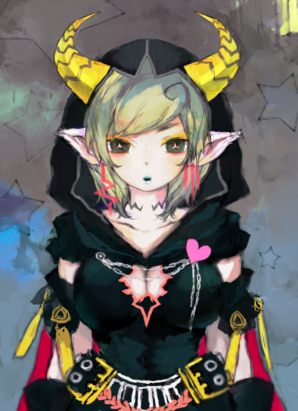 komaki megumi, original, 1girl, :o, breasts, earrings, female focus, green hair, jewelry, large breasts, lipstick, makeup, monster girl, pointy ears, short hair, solo