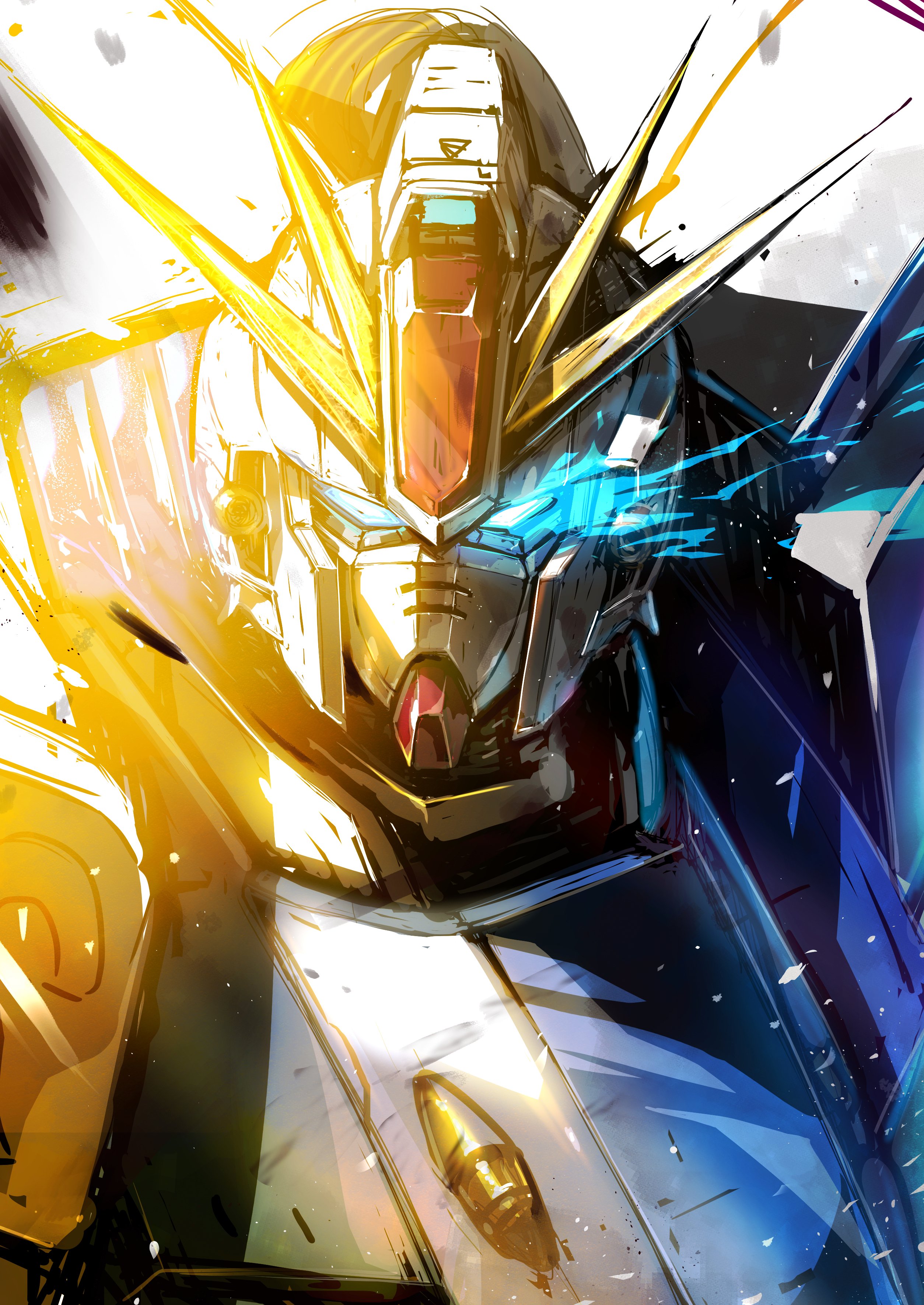 takamaru (taka1220), f91 gundam, gundam, gundam f91, absurdres, commentary request, highres, blue eyes, flaming eye, glowing, glowing eyes, light particles, looking at viewer, mecha, mecha focus, mobile suit, no humans, robot, science fiction, solo, upper body, v-fin