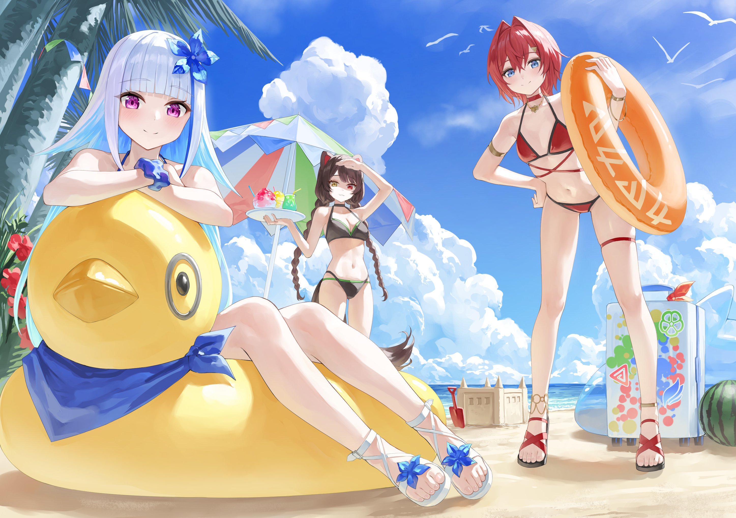 rissenka, ange katrina, inui toko, lize helesta, sebastian piyodore, nijisanji, commentary request, highres, 3girls, :3, alternate costume, animal ears, anklet, arm up, armlet, bandana, bandana around neck, bangle, bare arms, beach, bikini, black bikini, black sandals, blue bandana, blue eyes, blue flower, blue hair, blue sky, blunt bangs, blush, bracelet, braid, breasts, brown hair, brown tail, cleavage, closed mouth, cloud, colored inner hair, crossed arms, day, dog ears, dog girl, dog tail, duck innertube, flower, food, fruit, gold necklace, hair between eyes, hair flower, hair intakes, hair ornament, hand on own hip, hand up, heterochromia, holding, holding swim ring, holding tray, innertube, jewelry, leaning forward, long hair, looking at viewer, low twin braids, medium breasts, medium hair, multi-strapped bikini bottom, multicolored hair, multiple girls, necklace, ocean, on innertube, outdoors, palm tree, parasol, purple eyes, red bikini, red eyes, red flower, red hair, red sandals, rolling suitcase, sanbaka (nijisanji), sand castle, sand sculpture, sandals, shaved ice, shore, sidelocks, simple bird, sitting, skindentation, sky, small breasts, smile, split mouth, standing, stomach, streaked hair, suitcase, summer, swim ring, swimsuit, tail, thigh strap, tray, tree, triangle hair ornament, twin braids, two-tone hair, umbrella, very long hair, virtual youtuber, watermelon, white hair, white sandals, yellow eyes
