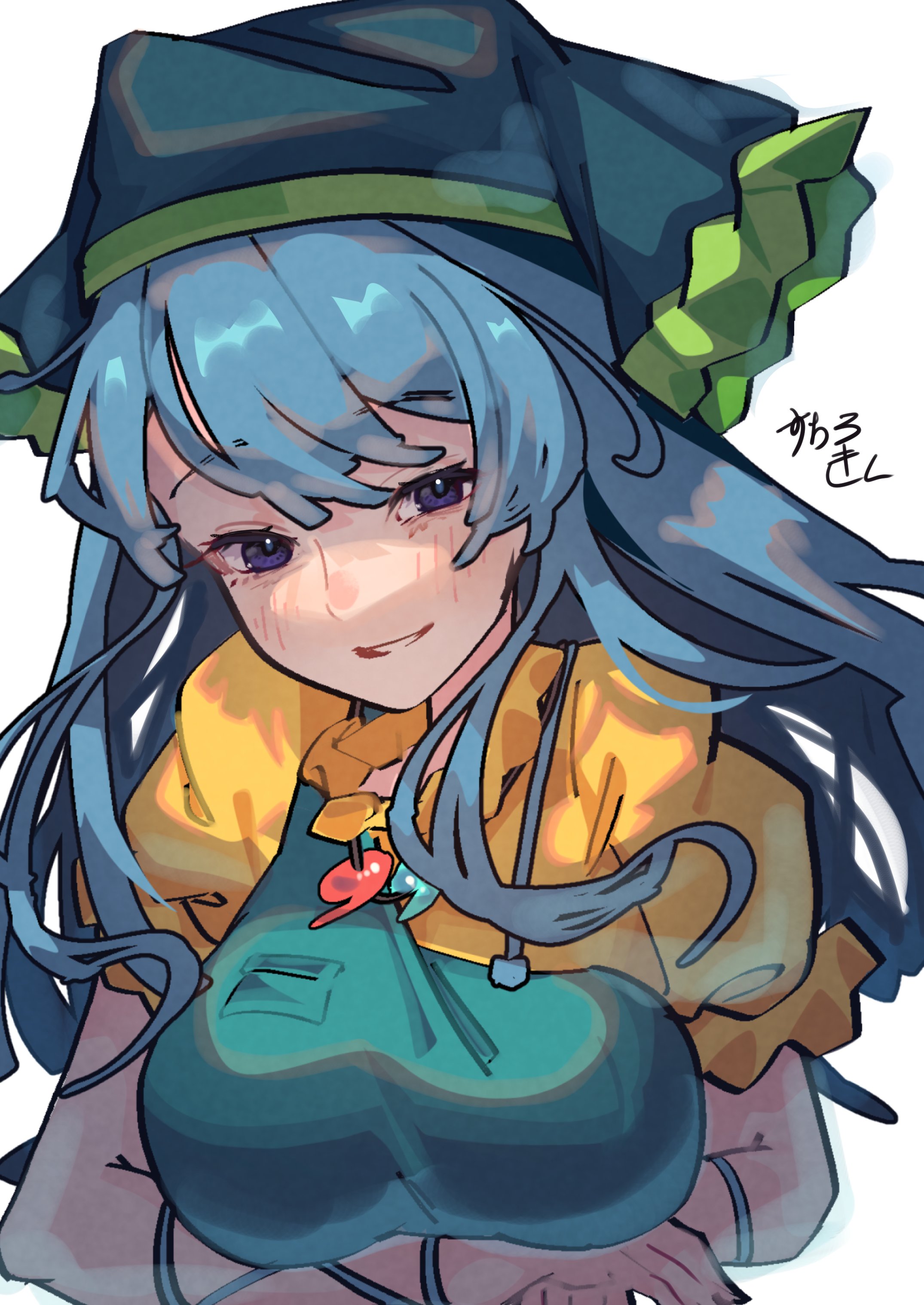 suarokin, haniyasushin keiki, touhou, absurdres, commentary request, highres, 1girl, apron, arms under breasts, blue hair, blush, breasts, crossed arms, green apron, headscarf, jewelry, large breasts, long hair, looking at viewer, magatama, magatama necklace, necklace, parted lips, purple eyes, shirt, short sleeves, smile, solo, upper body, white background, yellow shirt