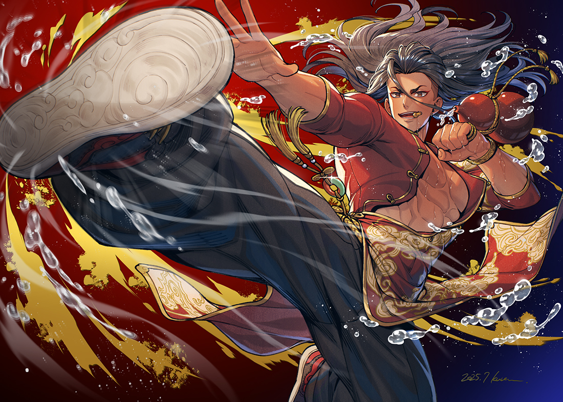 kuren, jamie siu, street fighter, street fighter 6, 1boy, black hair, blue background, brown eyes, cork, drunk, drunken fist, earrings, eyeliner, flying kick, gourd, gradient background, holding, holding gourd, ink splatter, jewelry, kicking, liquid, long hair, loose hair strand, makeup, mouth hold, official alternate costume, pectorals, red background, rope belt, shoes, signature, single bracelet, sneakers, solo, tassel, teeth, teeth hold, two-tone background, xiangyun, yellow rope