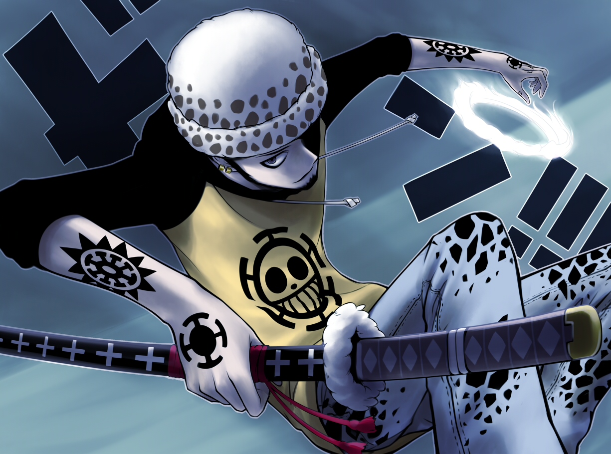 yori, yori (shitsuon), trafalgar law, one piece, 1boy, beard, blue skin, colored skin, denim, earrings, facial hair, fighting stance, hat, hat over one eye, hood, hoodie, jeans, jewelry, jolly roger, katana, male focus, ootachi, pants, pirate, raglan sleeves, sheath, sheathed, solo, sword, tattoo, weapon