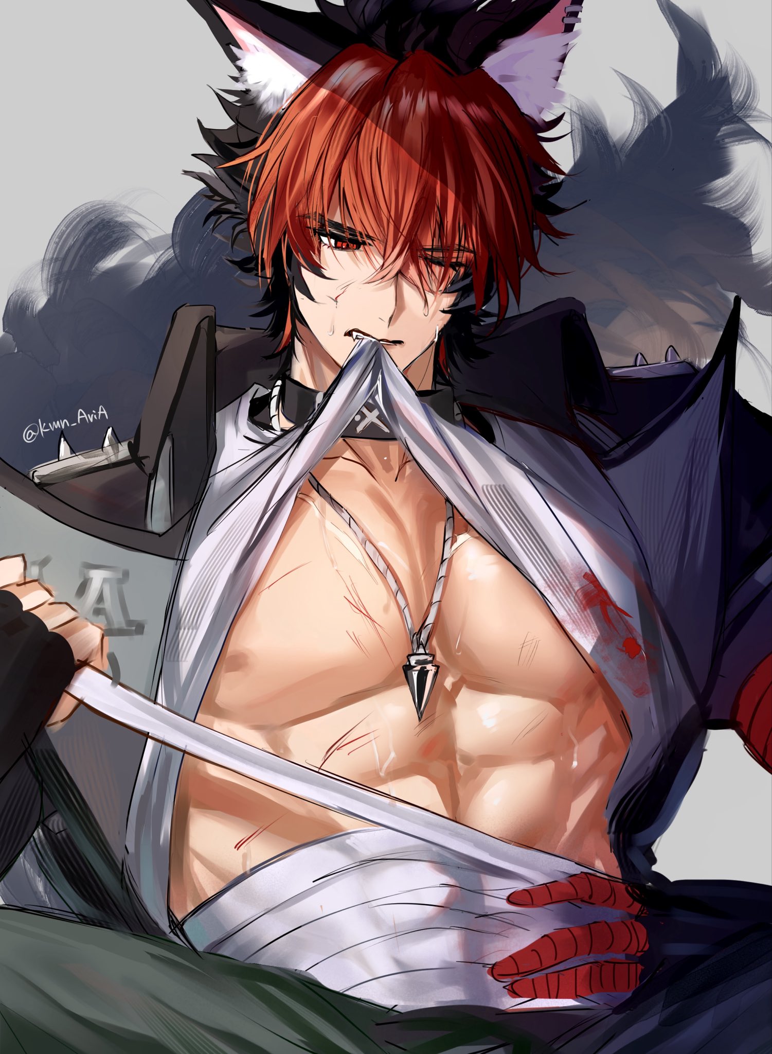 komano manato, zenless zone zero, commentary, highres, 1boy, abs, animal ear fluff, animal ears, bandaged torso, bandages, black gloves, black hair, black jacket, blood, blood on clothes, blood on face, clothes in mouth, clothes lift, collar, collarbone, dog boy, dog ears, dog tail, eyes visible through hair, fang, fingerless gloves, gloves, green pants, grey background, hair between eyes, hair over one eye, jacket, jewelry, looking down, male focus, min (kmn aria), mouth hold, multicolored hair, muscular, muscular male, necklace, nipples, one eye closed, pants, pectorals, pendant, red bandage, red eyes, red hair, scar, scar across eye, scar on chest, scar on face, shirt, shirt in mouth, shirt lift, short hair, single glove, sitting, solo, spiked jacket, sweat, tail, twitter username, upper body, white shirt