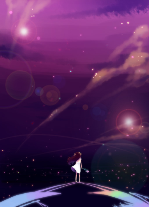 wadapen, 1girl, child, city lights, cloud, dress, female focus, flower, from behind, night, night sky, sky, solo, star (sky), star (symbol), starry sky