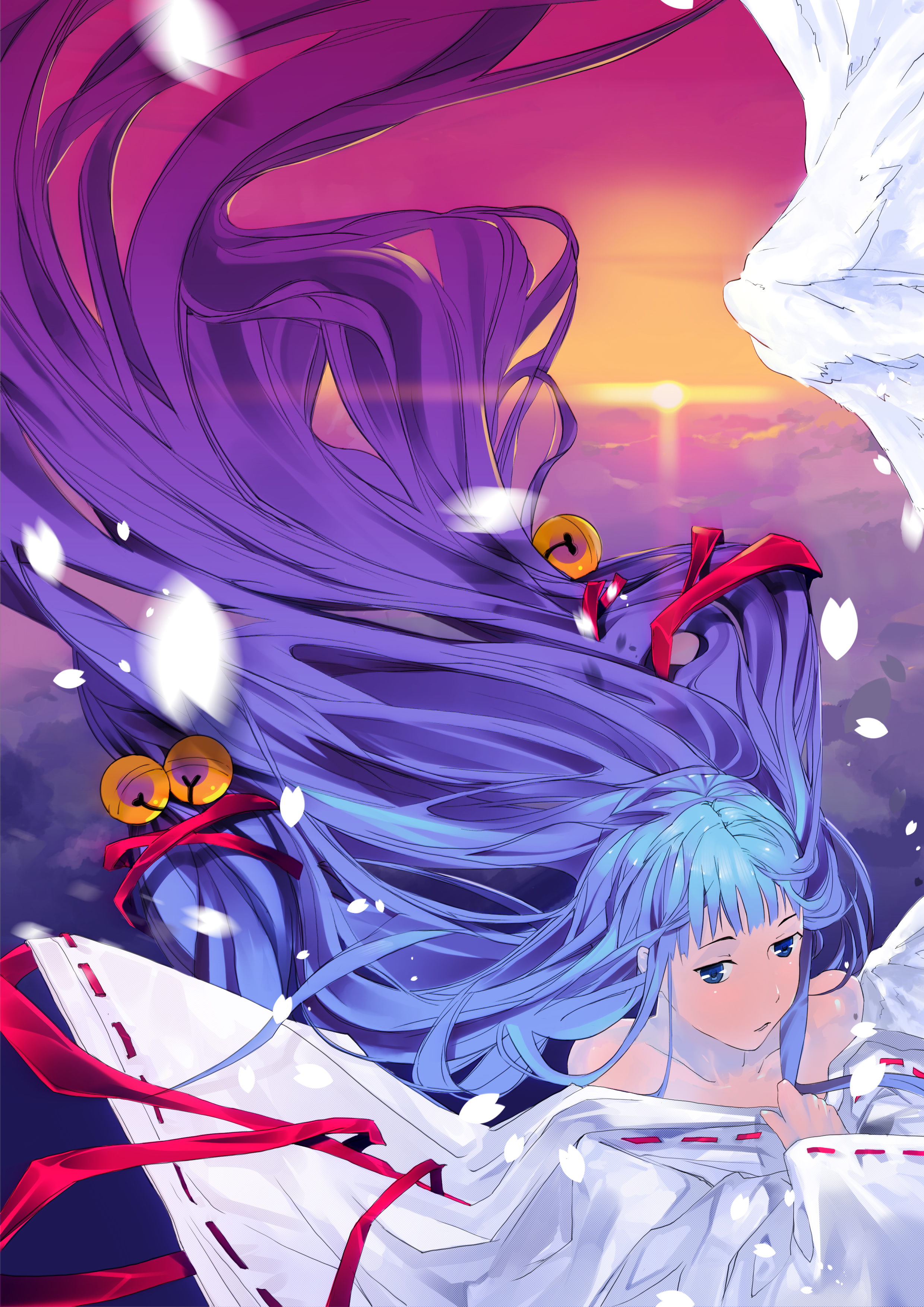 dan evan, kannabi no mikoto, air (visual novel), absurdres, highres, 00s, absurdly long hair, blue eyes, blue hair, japanese clothes, kimono, long hair, miko, solo, sunset, very long hair
