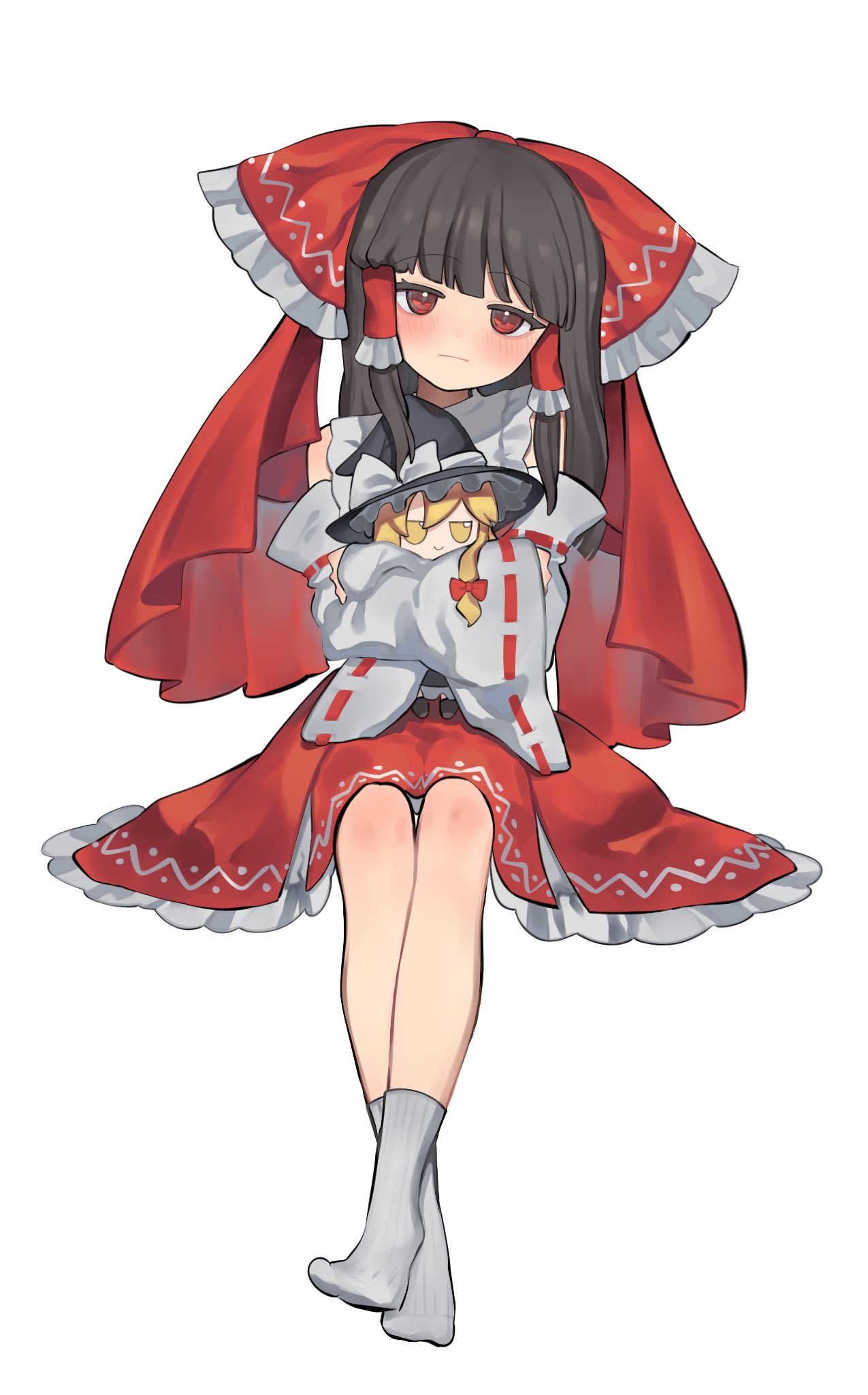 niru (ka k 0517), hakurei reimu, kirisame marisa, touhou, commentary request, commission, highres, skeb commission, 1girl, black hair, blunt bangs, blush, bow, character doll, detached sleeves, doll, frilled bow, frilled hair tubes, frilled skirt, frills, full body, fumo (doll), hair bow, hair tubes, head tilt, hugging doll, hugging object, invisible chair, long hair, no shoes, nontraditional miko, red bow, red eyes, red skirt, ribbon-trimmed sleeves, ribbon trim, shirt, sidelocks, simple background, sitting, skirt, sleeveless, sleeveless shirt, socks, solo, white background, white sleeves, white socks, wide sleeves
