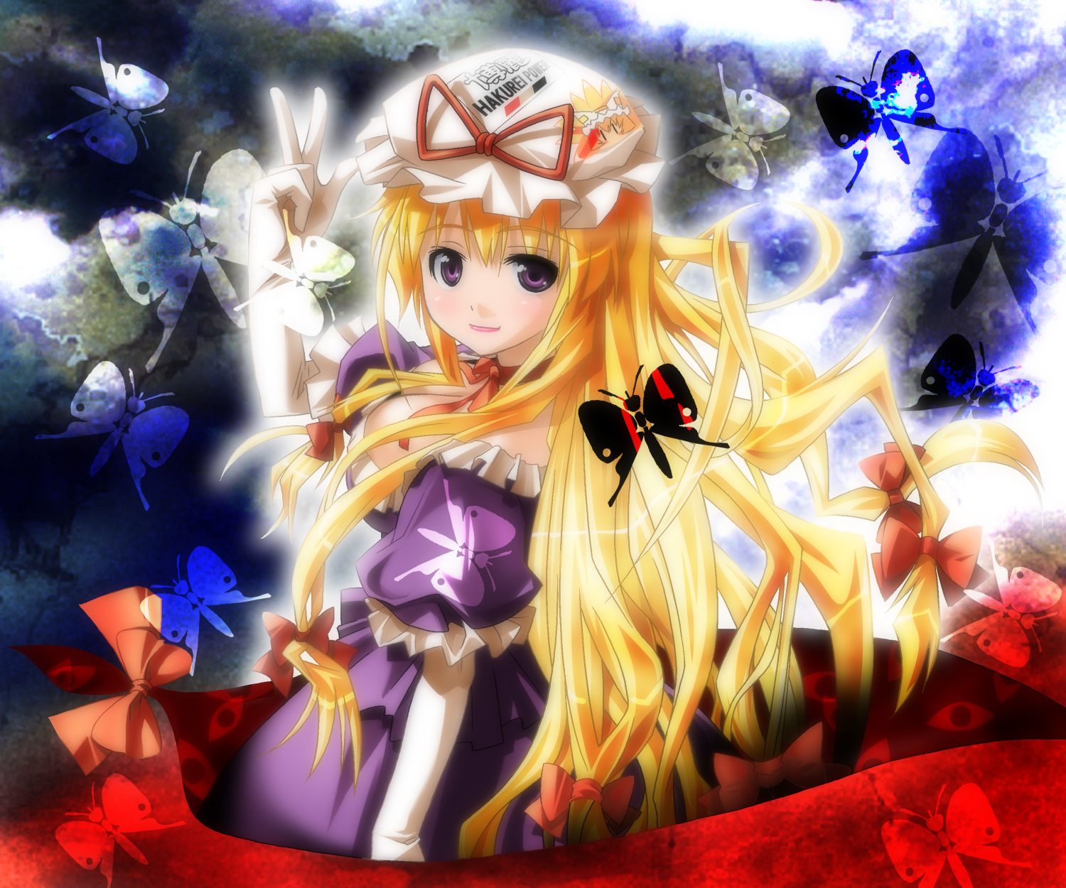 umekichi, yakumo yukari, touhou, bad id, bad pixiv id, highres, 1girl, blonde hair, blush, bug, butterfly, elbow gloves, female focus, gap (touhou), gloves, hat, lipstick, long hair, makeup, purple eyes, smile, solo, very long hair, white gloves