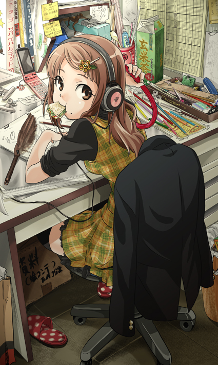 naka nohito, original, drawing, 1girl, black shirt, blouse, brown eyes, brown hair, cellphone, chair, desk, dress, duster, eating, feather duster, female focus, food, hair ornament, hairpin, headphones, long hair, looking back, mouth hold, office chair, parted bangs, pencil, phone, plaid clothes, plaid dress, red slippers, ruler, sandwich, scratching, shirt, sitting, sleeves rolled up, slippers, solo, swivel chair