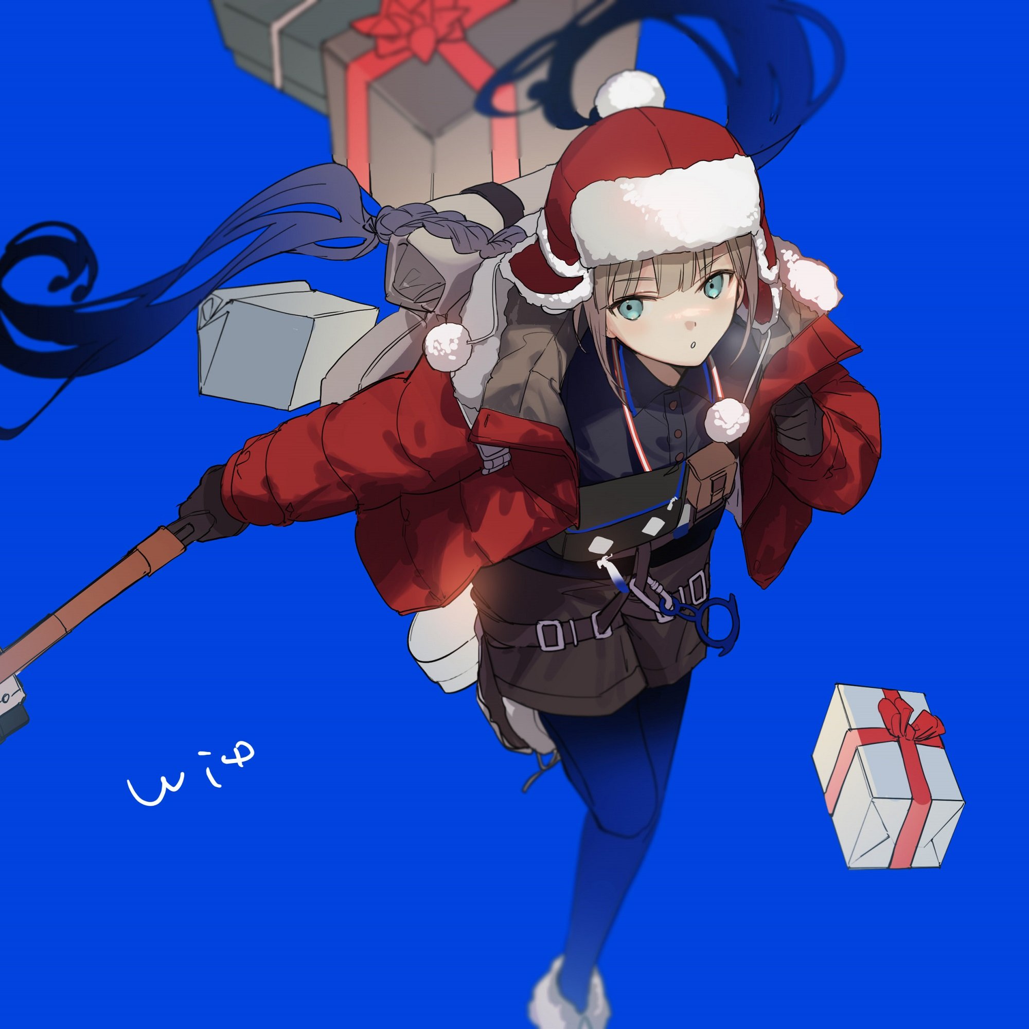 no-kan, captain nemo (fate), captain nemo (santa) (fate), nemo (fate), fate/grand order, fate (series), highres, unfinished, 1boy, androgynous, backpack, bag, belt, black gloves, black pantyhose, black shirt, blonde hair, blue background, blue eyes, blue hair, blunt bangs, blush, boots, bow, box, braid, brown belt, brown shorts, buttons, collared shirt, floating hair, fur-trimmed boots, fur-trimmed jacket, fur trim, gift, gift box, gloves, gradient hair, grey bag, hat, holding, jacket, long hair, long sleeves, male focus, multicolored hair, official alternate costume, open clothes, open jacket, open mouth, pantyhose, pom pom (clothes), puffy long sleeves, puffy sleeves, red bow, red hat, red jacket, shirt, shorts, simple background, solo, standing, standing on one leg, twin braids, white boots