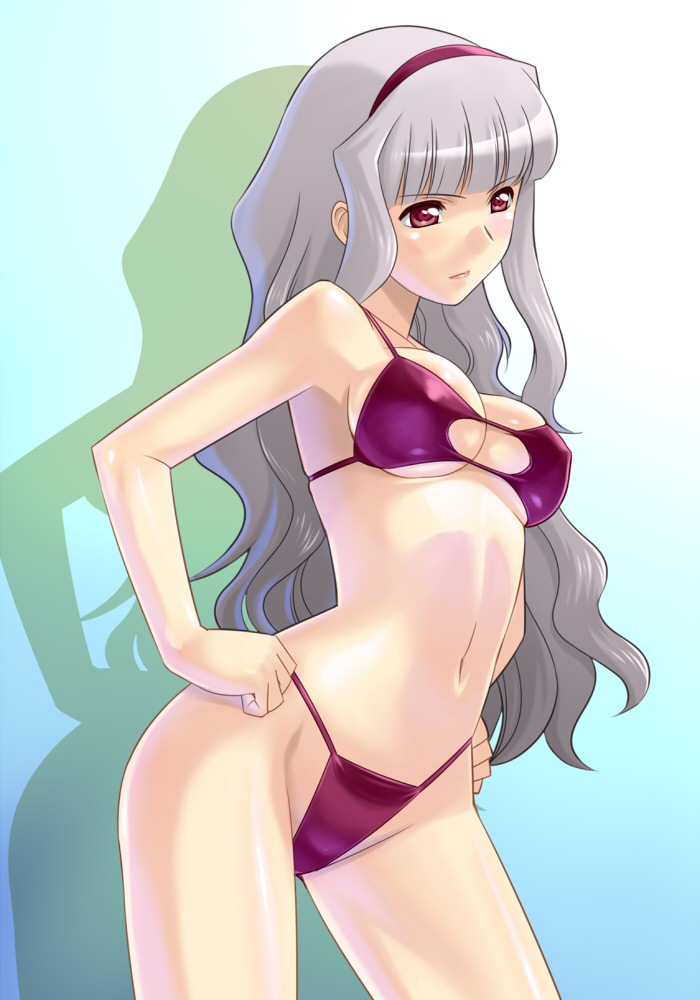 muhi11234, shijou takane, idolmaster, idolmaster (classic), silver hair, 00s, 1girl, armpits, bikini, blush, breasts, female focus, hairband, long hair, solo, string bikini, swimsuit