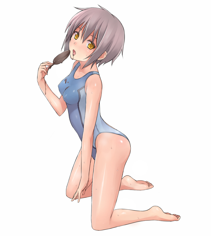 nnyu, nagato yuki, suzumiya haruhi no yuuutsu, bad id, bad pixiv id, 00s, 1girl, barefoot, blush, breasts, chocolate, colored eyelashes, competition swimsuit, covered erect nipples, eyelashes, feet, female focus, food, full body, ice cream, kneeling, looking at viewer, one-piece swimsuit, plantar flexion, short hair, simple background, small breasts, solo, sweat, swimsuit, wet, yellow eyes