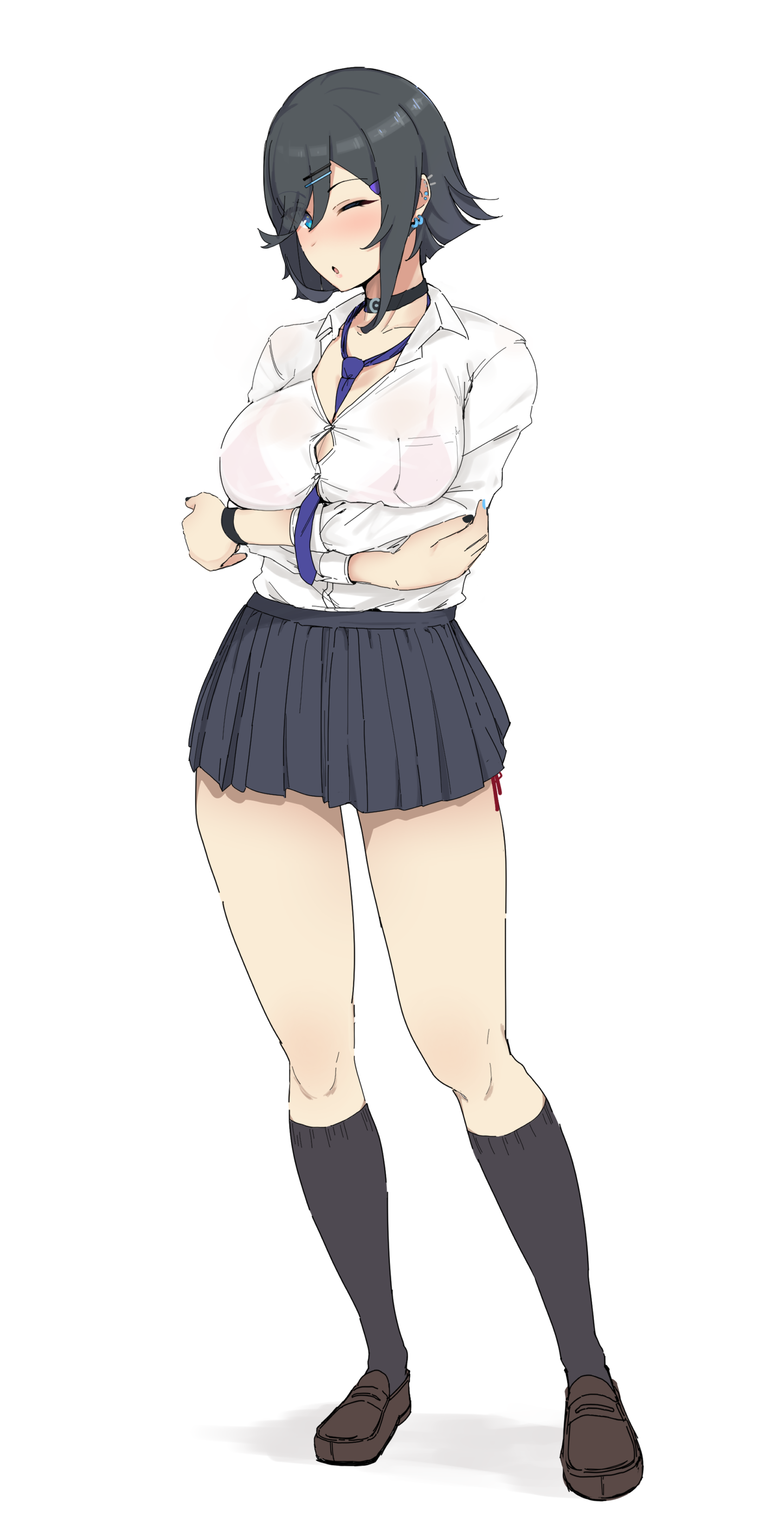 nickh4410, original, absurdres, highres, 1girl, aqua nails, arm support, black choker, black nails, breasts, button gap, choker, ear piercing, kneehighs, large breasts, loafers, looking at viewer, miniskirt, necktie, one eye closed, piercing, school uniform, shoes, short hair, side-tie peek, skirt, socks, solo, standing, thighs, white background