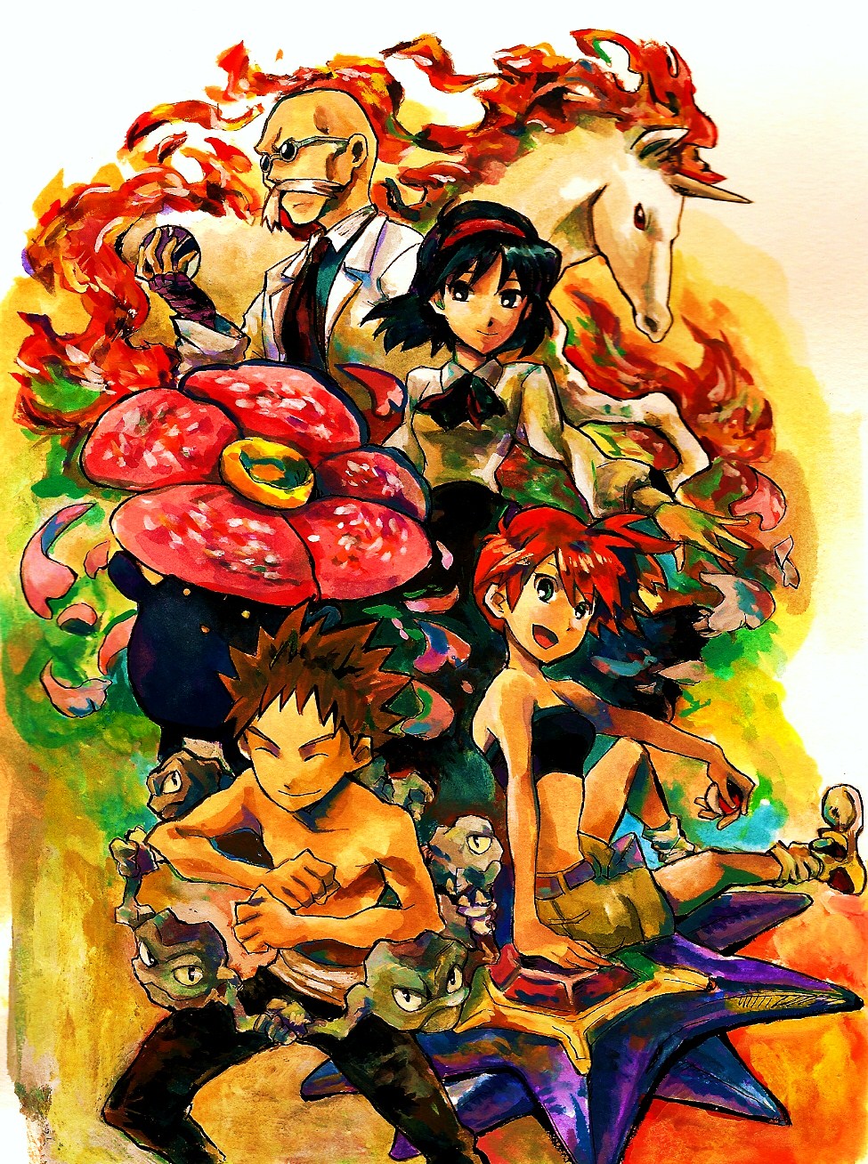 shinoasa, blaine (pokemon), brock (pokemon), erika (pokemon), geodude, misty (pokemon), rapidash, starmie, vileplume, nintendo, pokemon, pokemon adventures, highres, 2boys, 2girls, bald, brown hair, denim, denim shorts, facial hair, fiery hair, fire, gen 1 pokemon, glasses, green eyes, gym leader, hairband, midriff, multiple boys, multiple girls, mustache, orange hair, petals, pokemon (creature), ponytail, short hair, shorts, side ponytail, topless male