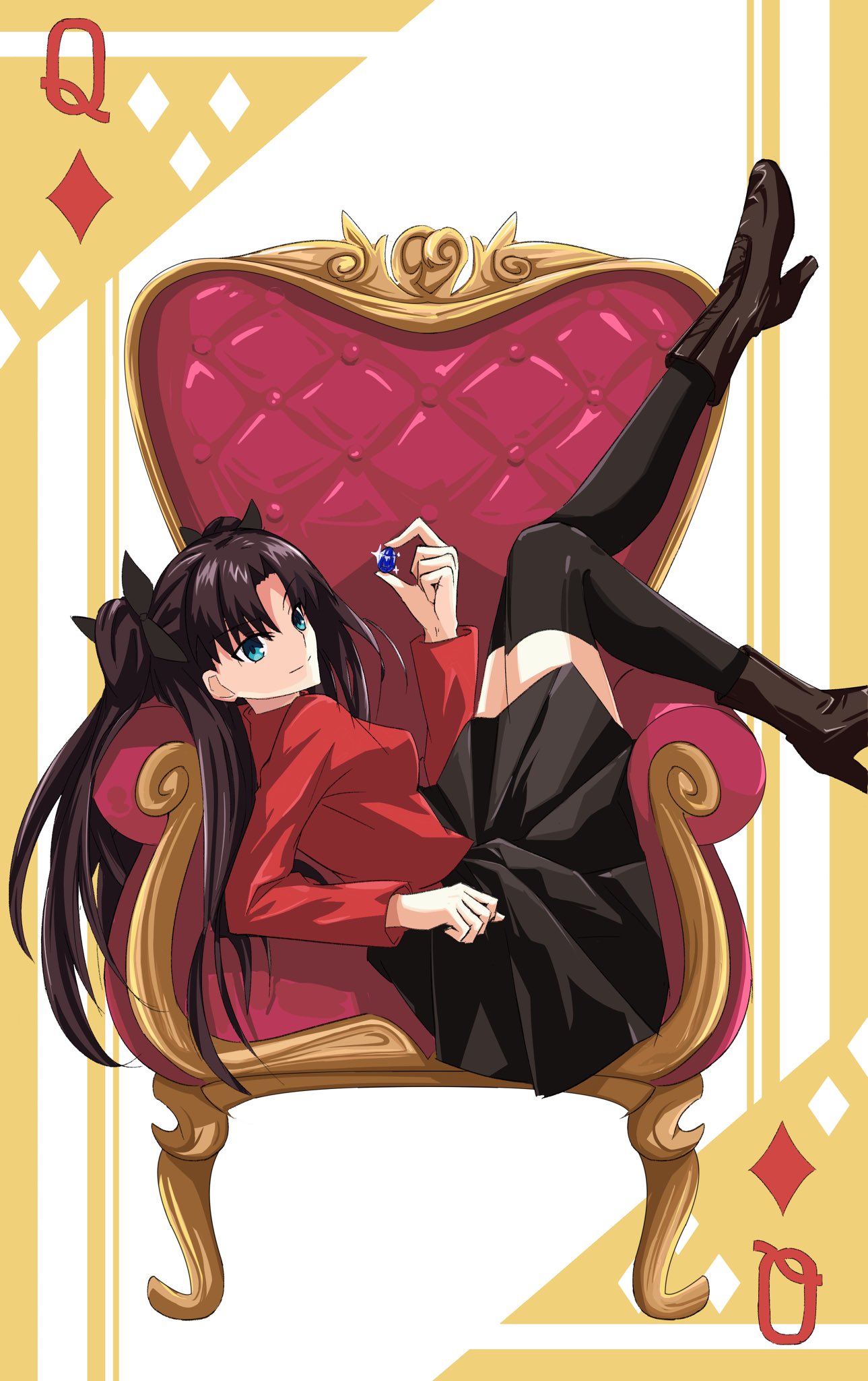 andychen662000, tohsaka rin, fate/stay night, fate (series), highres, 1girl, black hair, black leggings, black skirt, blue eyes, blue gemstone, boots, bow, breasts, brown boots, card, chair, gem, hair bow, leggings, long hair, medium breasts, on chair, playing card, pleated skirt, queen (playing card), red shirt, shirt, skirt, smile, solo, thighhighs, twintails, zettai ryouiki