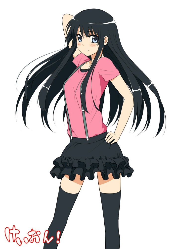 urue, akiyama mio, k-on!, bad id, bad pixiv id, 00s, 1girl, black hair, blue eyes, blush, female focus, skirt, smile, solo, suspenders, thighhighs, white background, zettai ryouiki