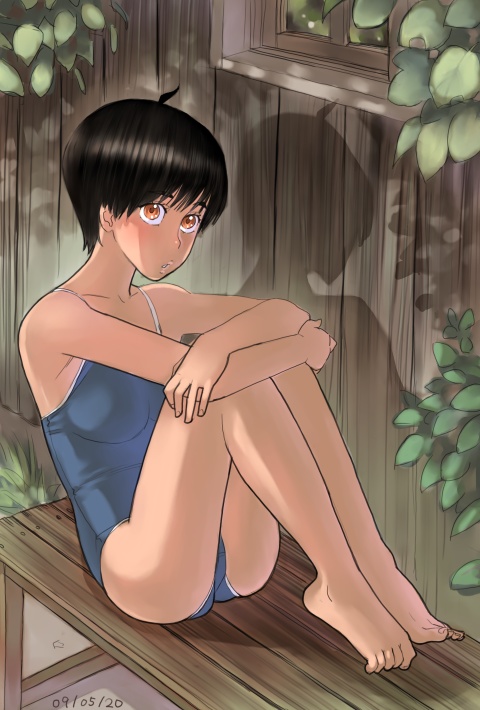 zenkou, ayumu (zenkou), original, 1girl, :o, ahoge, barefoot, bench, black hair, blush, brown eyes, crossed arms, dappled sunlight, dated, feet, female focus, hugging own legs, ivy, knees up, looking at viewer, one-piece swimsuit, orange eyes, outdoors, parted lips, shadow, short hair, sitting, solo, sunlight, swimsuit, toes, window