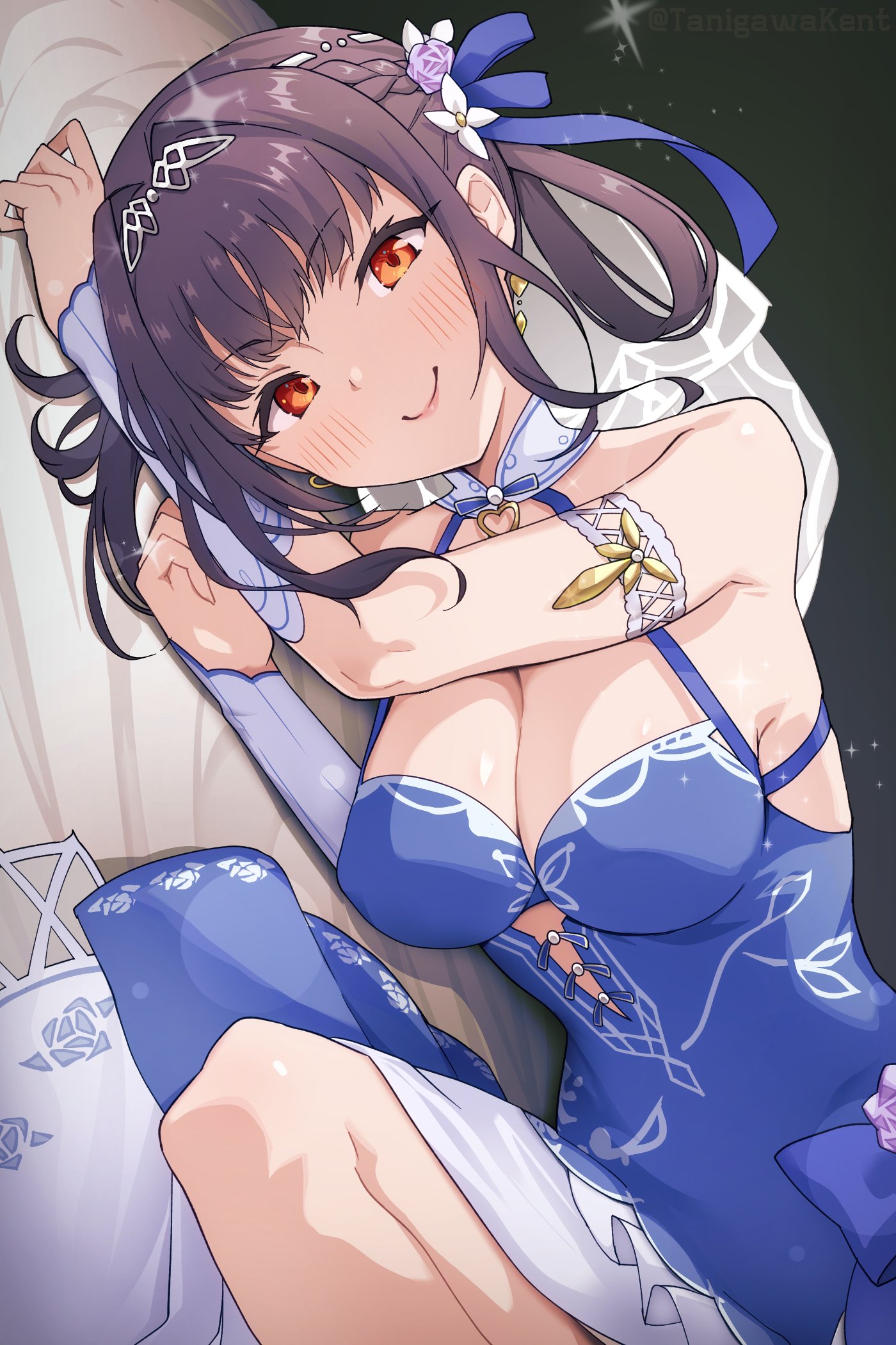 tanigawa kent, li yingxia, heaven burns red, highres, 1girl, bare shoulders, black hair, blue dress, blush, braid, breasts, cleavage, closed mouth, dress, earrings, flower, hair flower, hair ornament, hair rings, jewelry, large breasts, long hair, looking at viewer, lying, official alternate costume, on side, orange eyes, red eyes, smile, solo, tiara