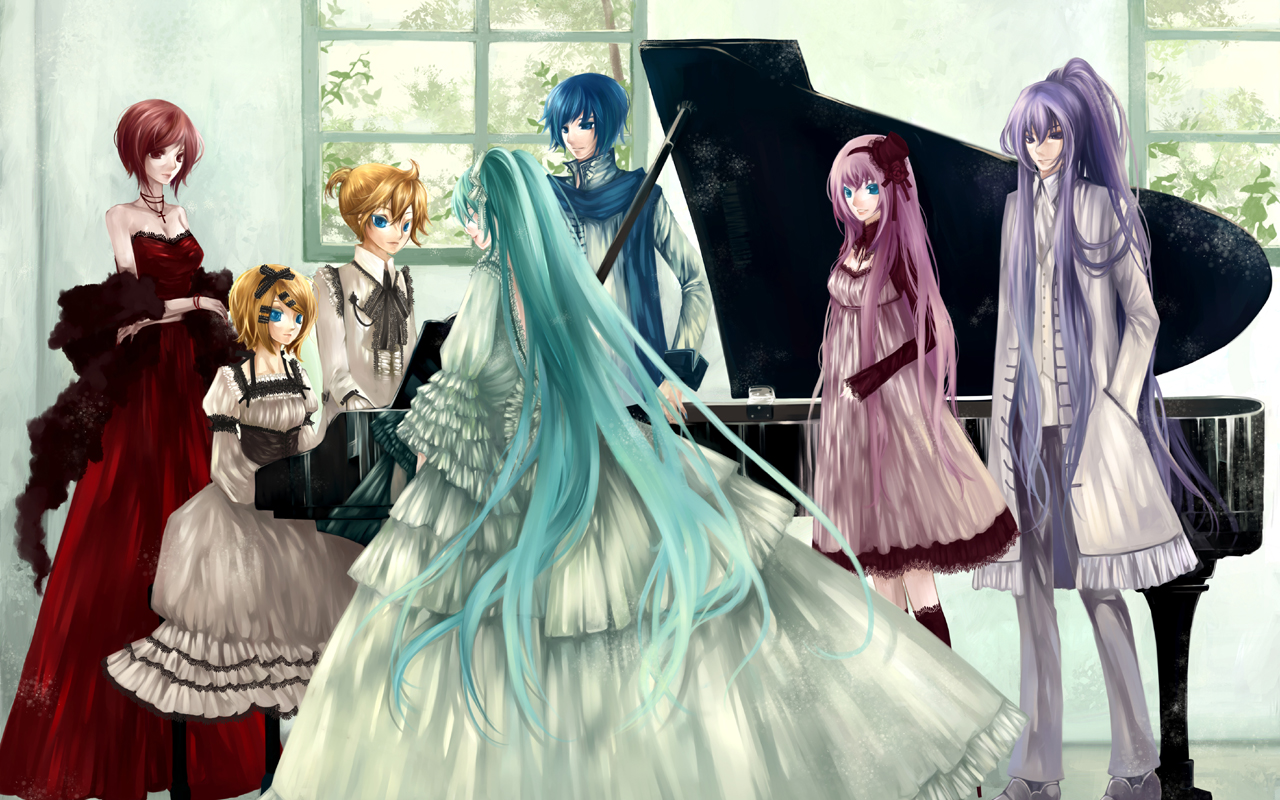 katari biumi, hatsune miku, kagamine len, kagamine rin, kaito (vocaloid), kamui gakupo, megurine luka, meiko (vocaloid), vocaloid, 3boys, 4girls, blonde hair, blue eyes, blue hair, blue scarf, dress, formal clothes, frills, grand piano, hair ribbon, instrument, long hair, multiple boys, multiple girls, piano, pink hair, ponytail, purple hair, red dress, ribbon, scarf, short hair, twintails, white dress