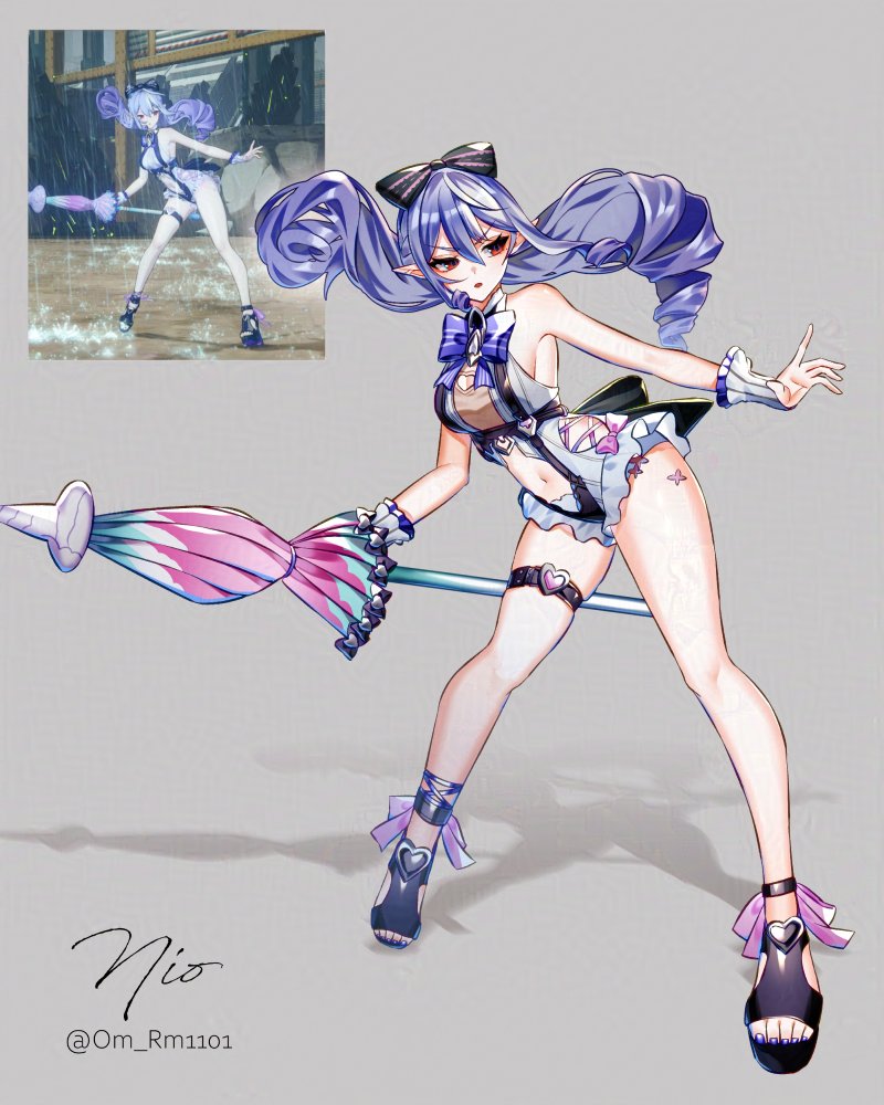 om rm1101, vivian banshee, vivian banshee (iris of the shore), zenless zone zero, commentary request, 1girl, animal print, bare shoulders, black bow, bow, bowtie, breasts, butterfly print, clothing cutout, drill hair, footwear ribbon, frilled one-piece swimsuit, frilled wrist cuffs, frills, game screenshot inset, gem, grey background, grey gemstone, hair between eyes, hair bow, heart cutout, holding, holding umbrella, leaning to the side, legs apart, long hair, looking to the side, medium breasts, mole, mole under eye, multicolored umbrella, nail polish, navel, official alternate costume, one-piece swimsuit, open mouth, pink bow, pink umbrella, pointy ears, purple bow, purple bowtie, purple hair, purple shoes, red eyes, reference inset, see-through clothes, shadow, shoes, sideboob cutout, signature, solo, stomach, stomach cutout, swimsuit, thigh strap, toenail polish, toenails, twitter username, two-tone one-piece swimsuit, umbrella, wrist cuffs