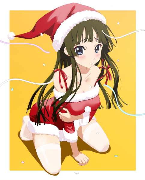 majoora, akiyama mio, k-on!, 00s, 1girl, black hair, blue eyes, christmas, female focus, full body, hat, long hair, santa costume, santa hat, solo, thighhighs