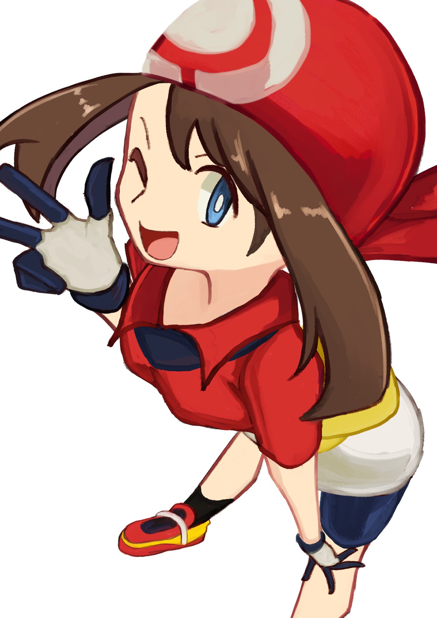 tikuwabu 33, may (pokemon), nintendo, pokemon, pokemon rse, highres, 1girl, bike shorts, bike shorts under shorts, blue eyes, brown hair, cosplay, fanny pack, gloves, looking at viewer, may (pokemon) (cosplay), one eye closed, open mouth, red shirt, red shoes, shirt, shoes, short hair, shorts, shorts under shorts, smile