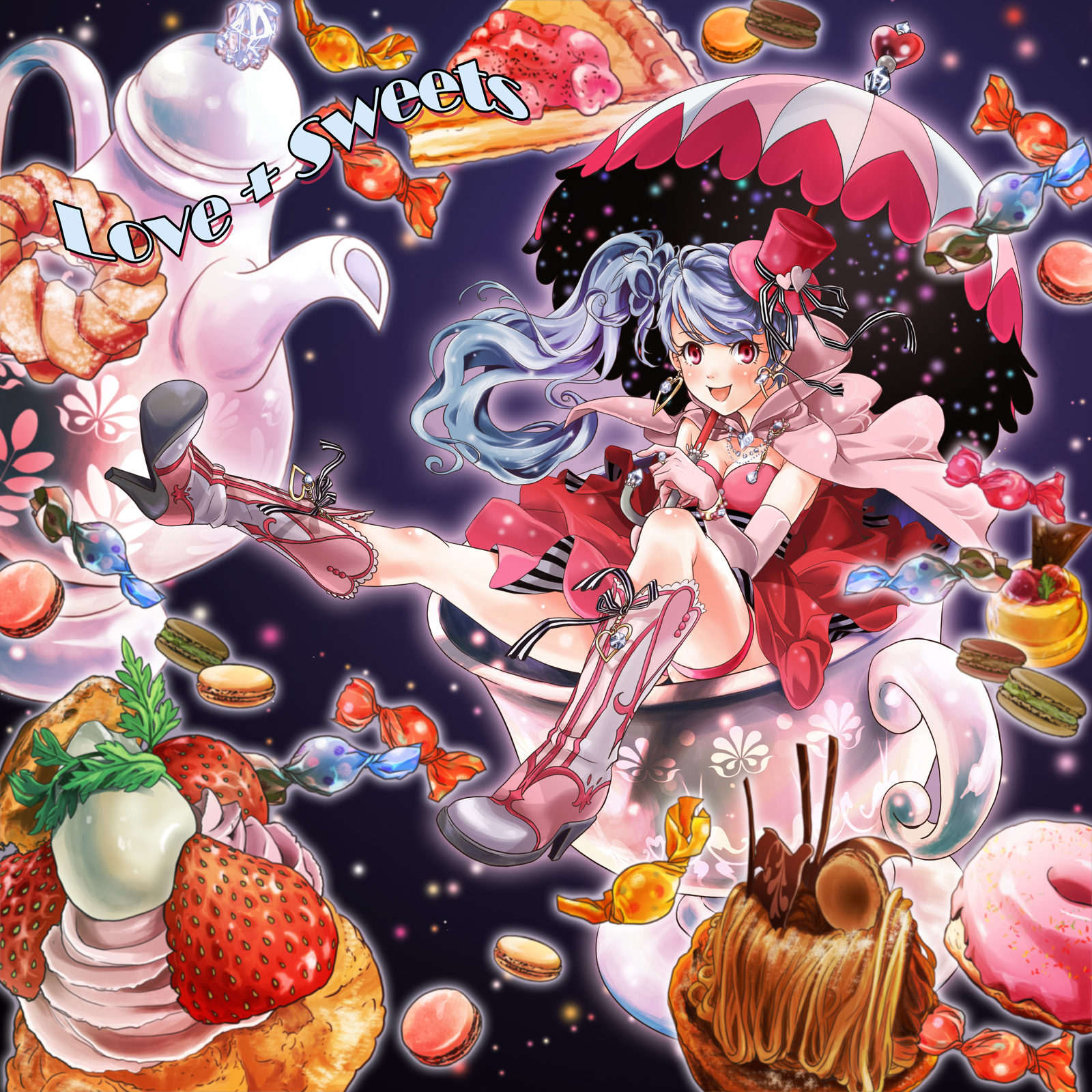 naka nohito, original, bad id, bad pixiv id, highres, blue hair, blush, boots, cake, candy, cape, cookie, cup, donut, elbow gloves, feast, food, fruit, gloves, happy, macaron, mont blanc (food), pastries, pastry, pink eyes, side ponytail, strawberry, sweets, umbrella