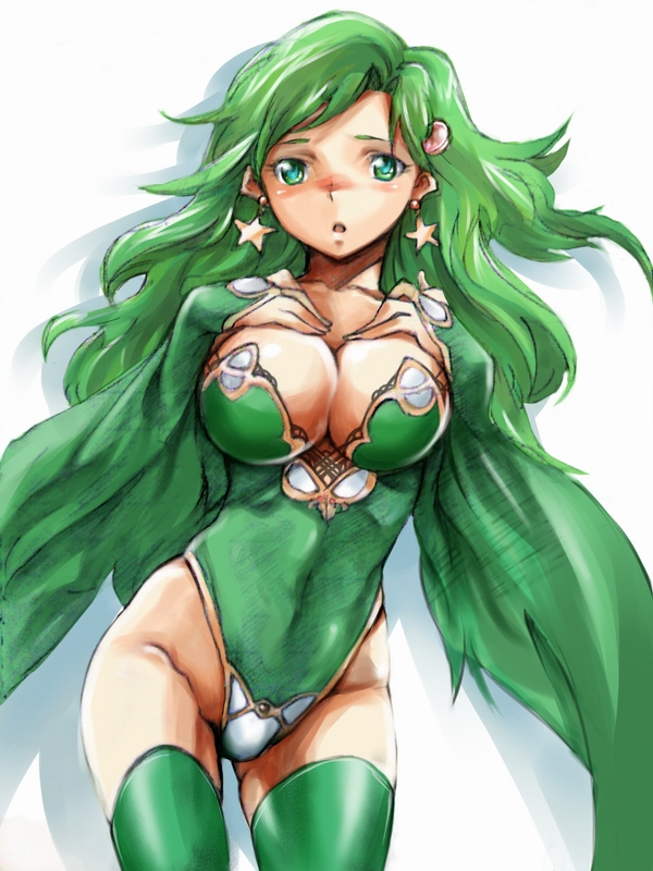 hekeniko, rydia (adult) (ff4), rydia (ff4), final fantasy, final fantasy iv, 1990s (style), 1girl, aged up, blush, breasts, cleavage, earrings, female focus, green eyes, green hair, jewelry, large breasts, leotard, long hair, matching hair/eyes, retro artstyle, solo, thighhighs