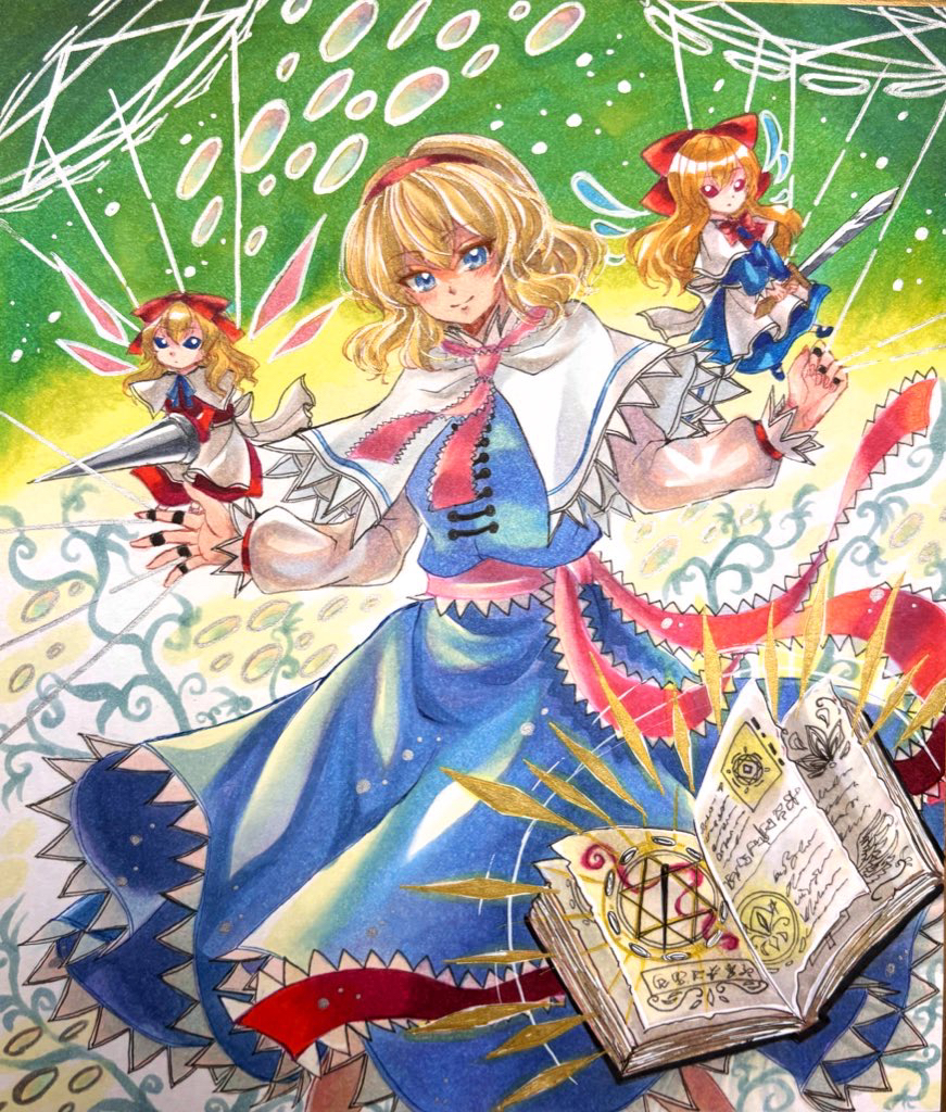 mitsu~, alice margatroid, hourai doll, shanghai doll, touhou, commentary request, traditional media, 1girl, blonde hair, blue dress, blue eyes, blush, book, bow, breasts, capelet, closed mouth, doll, dress, grimoire of alice, hair bow, hairband, holding, holding polearm, holding sword, holding weapon, jewelry, lance, long hair, looking at viewer, open book, pink sash, polearm, puppet rings, puppet strings, red bow, red hairband, ring, sash, smile, solo, sword, waist sash, weapon, white capelet