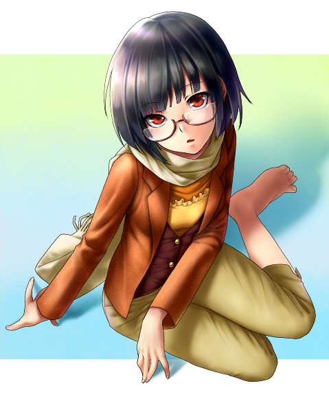 inuzuka bouru, original, bad id, bad pixiv id, 1girl, barefoot, black hair, blunt bangs, capri pants, casual, feet, female focus, glasses, head tilt, open mouth, pants, red eyes, scarf, semi-rimless eyewear, short hair, sitting, solo, under-rim eyewear, yokozuwari