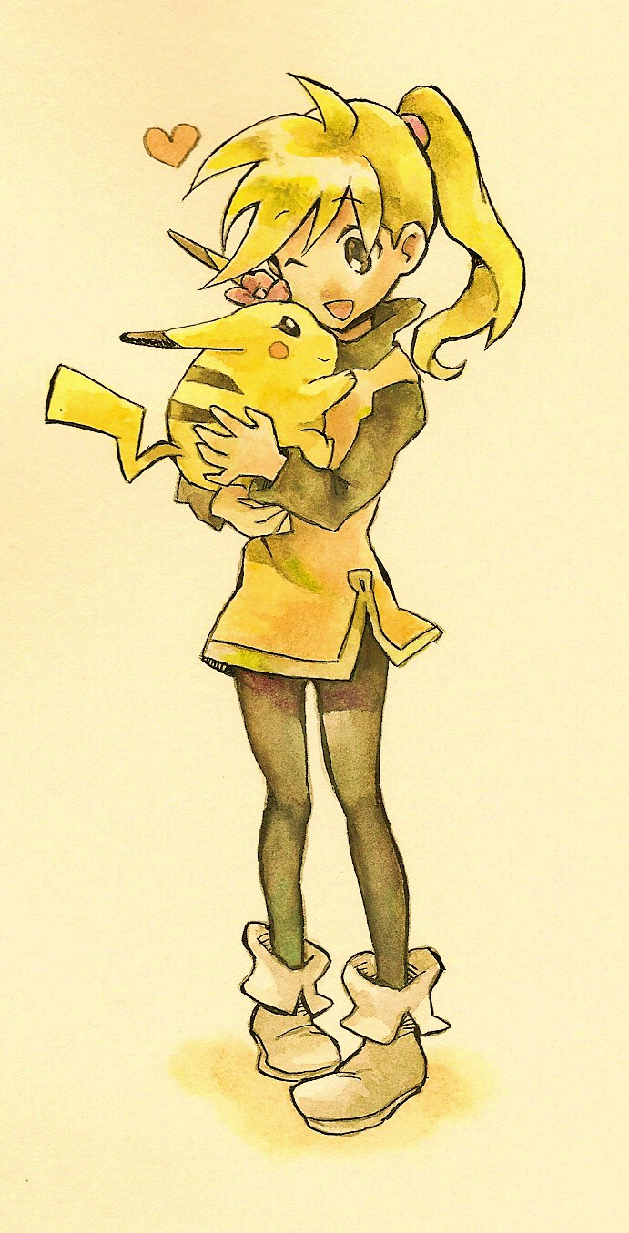 shinoasa, chuchu (pokemon), pikachu, yellow (pokemon), nintendo, pokemon, pokemon adventures, highres, 1girl, blonde hair, flower, gen 1 pokemon, hat, heart, one eye closed, pantyhose, pokemon (creature), ponytail, short hair, skirt, straw hat, wink, yellow skirt