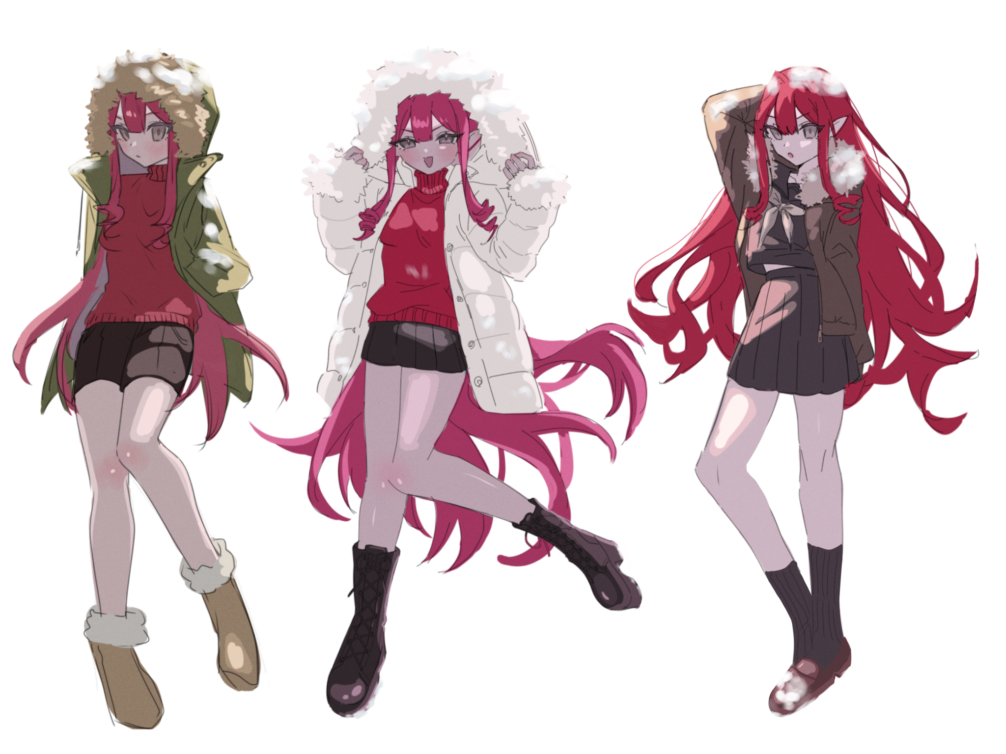 590kogure590, baobhan sith (fate), fate/grand order, fate (series), highres, black sailor collar, black shirt, black skirt, blush, boots, coat, grey hair, hood, hoodie, long hair, looking at viewer, multiple views, open clothes, open coat, open mouth, pleated skirt, pointy ears, red hair, red shirt, sailor collar, shirt, skirt, white coat