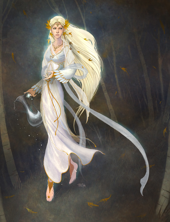 gorrem, galadriel, the lord of the rings, tolkien's legendarium, commentary, english commentary, 1girl, autumn leaves, barefoot, blonde hair, closed mouth, dress, elf, forehead jewel, gem, gold diadem, gold trim, grass, green eyes, green gemstone, hair ornament, holding, jewelry, laurels, leaf, leaf hair ornament, long hair, long sleeves, outdoors, pointy ears, queen, ring, signature, solo, standing, string, tree, white dress