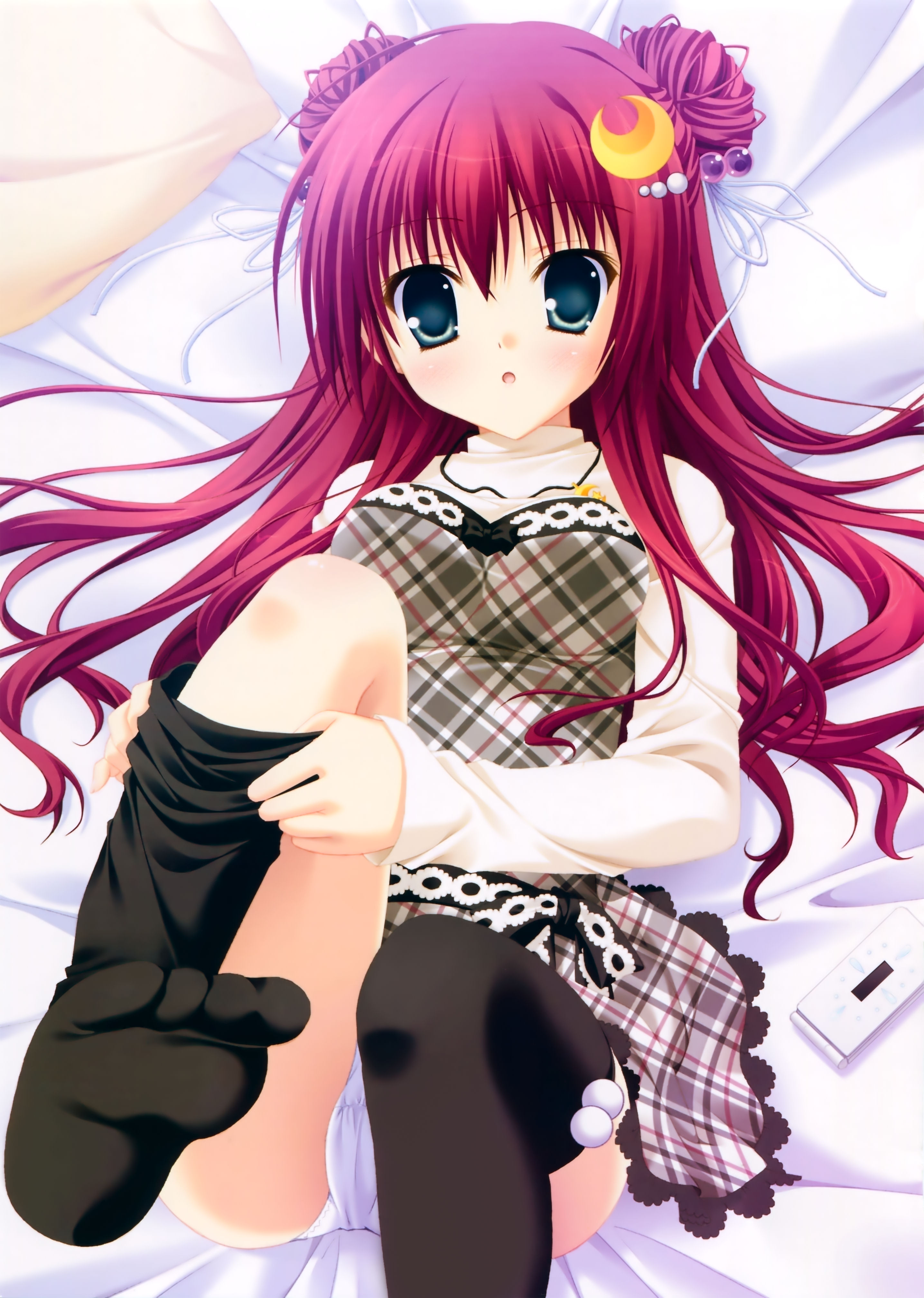 narumi yuu (bunbukudou), kouno mio, 11eyes, toe-point, absurdres, highres, 00s, 1girl, aqua eyes, bed, black socks, black thighhighs, blue eyes, crescent, crescent hair ornament, crescent moon, double bun, feet, female focus, hair bobbles, hair bun, hair ornament, kneehighs, long hair, moon, panties, pink hair, socks, solo, thighhighs, underwear