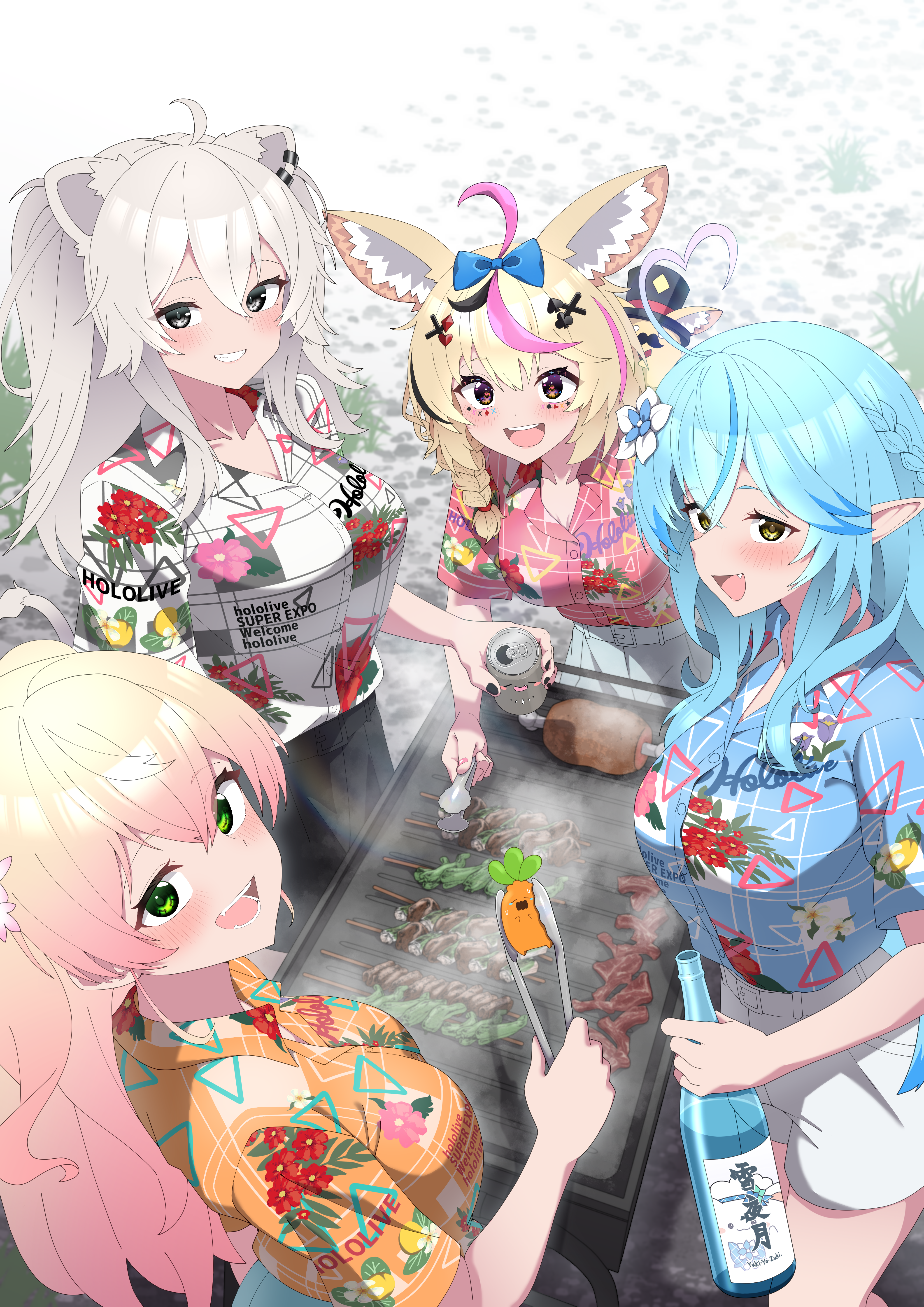 porco j, momosuzu nene, nekko (momosuzu nene), omaru polka, shishiro botan, ssrb (shishiro botan), yukihana lamy, yukimin (yukihana lamy), zain (omaru polka), hololive, absurdres, highres, 4girls, ahoge, alternate costume, animal ears, black shorts, black streaks, blonde hair, blue hair, blue shirt, blush, bottle, braid, breasts, can, cooking, crossed bangs, day, elf, fang, flower, food, fox ears, fox girl, from above, gradient hair, green eyes, grey eyes, grey hair, grill, grilling, grin, hair ornament, hair over shoulder, heart, heart ahoge, holding, holding bottle, holding can, holding tongs, lion ears, lion girl, lion tail, long hair, looking at viewer, meat, multicolored hair, multiple girls, nepolabo, official alternate costume, open mouth, orange shirt, outdoors, pink hair, pink shirt, pink streaks, pointy ears, sake bottle, shirt, shorts, side braid, single braid, skewer, smile, streaked hair, tail, tongs, two side up, virtual youtuber, white shirt, white shorts