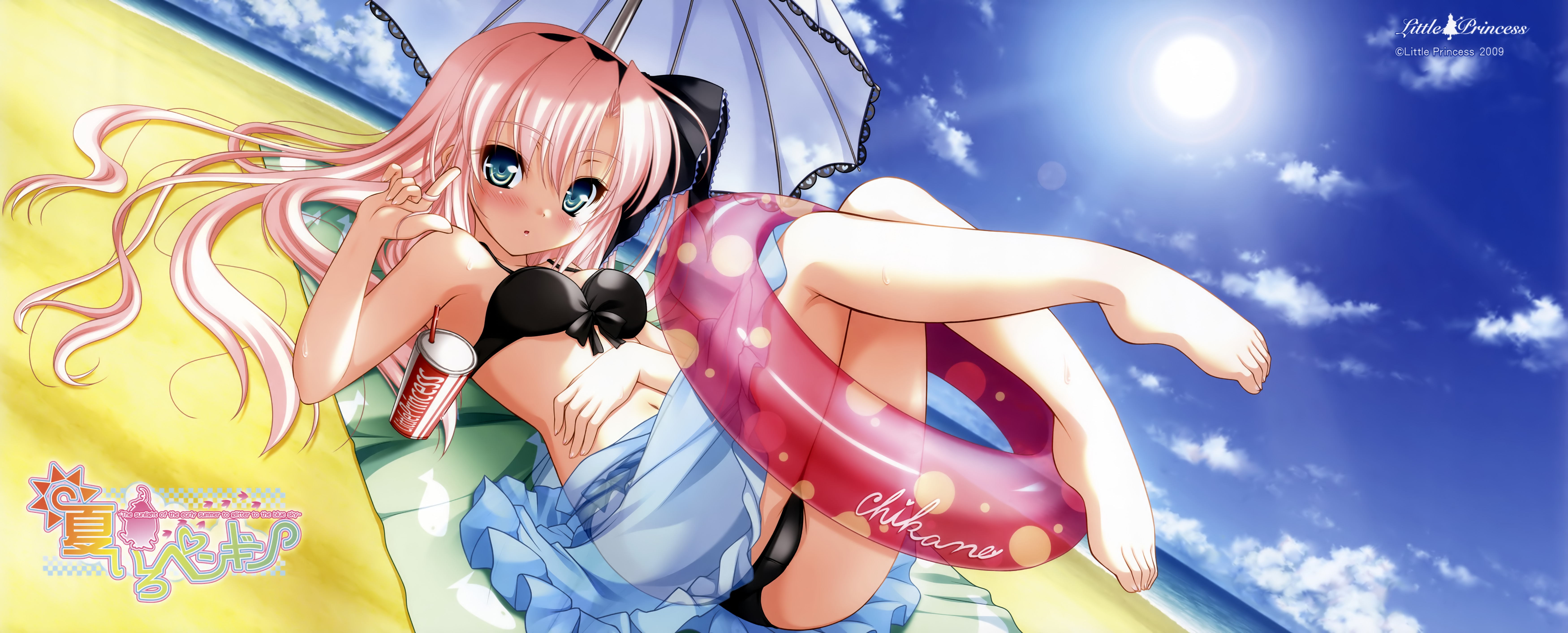 ninoko, aikawa chikane, natsuiro penguin, absurdres, highres, 1girl, barefoot, beach, bikini, blue eyes, blush, day, feet, female focus, heart, outdoors, pink hair, solo, swimsuit, twirling hair, umbrella