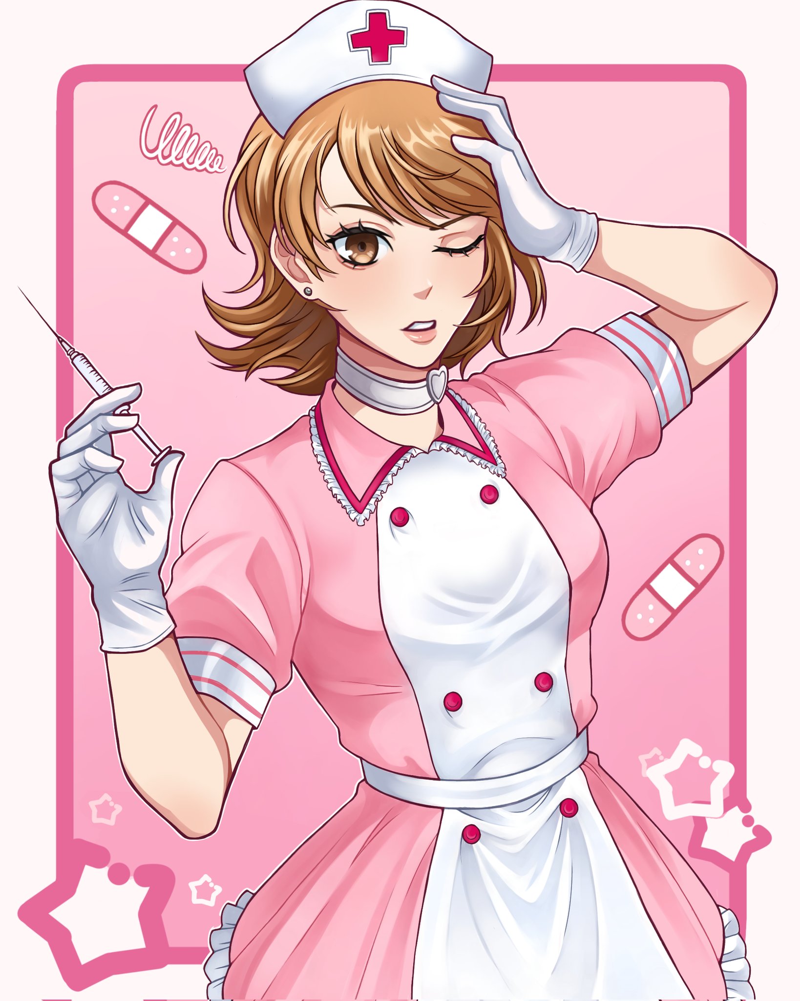 takeba yukari, persona, persona 3, highres, 1girl, alternate costume, bandaid, breasts, brown eyes, brown hair, choker, dress, earrings, eyelashes, flipped hair, frilled skirt, frills, gloves, gradient background, hand on own head, hat, heart, heart choker, holding, holding syringe, jewelry, lips, looking at viewer, medium breasts, nurse, nurse cap, one eye closed, outside border, parted lips, pink background, pink dress, pink lips, short hair, short sleeves, skirt, solo, spanish commentary, squiggle, star (symbol), stelar d, stud earrings, swept bangs, syringe, upper body, white choker, white gloves