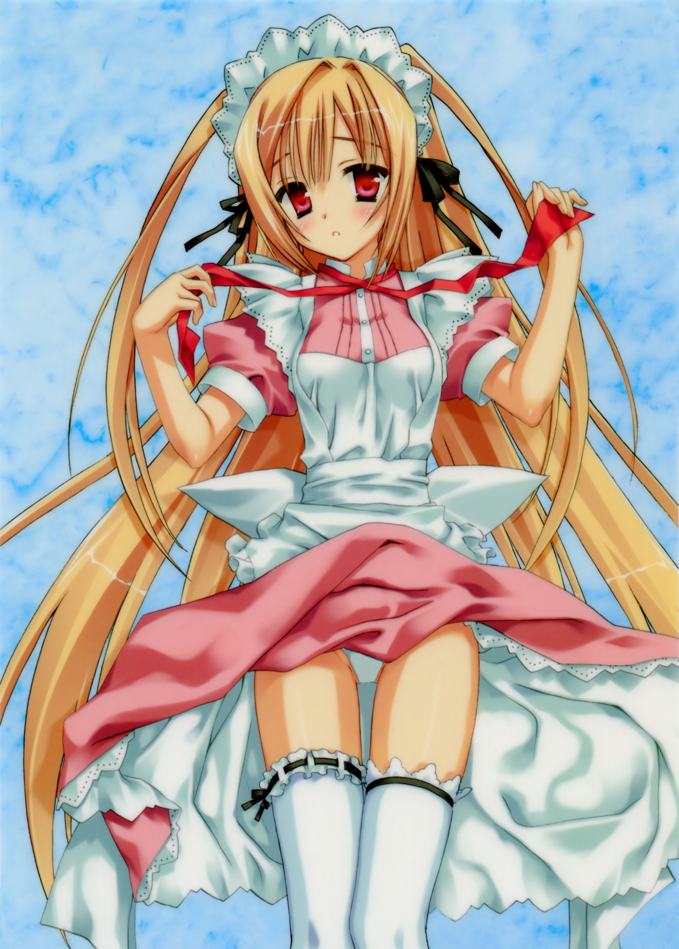 muririn, untied, absurdres, highres, source request, 1girl, blonde hair, blush, female focus, frilled thighhighs, frills, hair ribbon, lingerie, long hair, looking at viewer, maid, maid headdress, panties, petticoat, red eyes, ribbon, solo, tareme, thighhighs, twintails, underwear, very long hair