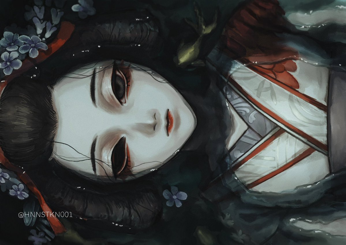 hnnstkn001, michiko (identity v), identity v, protected link, 1girl, artist name, black eyes, black hair, black sclera, blue flower, closed mouth, colored sclera, expressionless, eyelashes, flower, geisha, hair flower, hair ornament, japanese clothes, kimono, lipstick, looking at viewer, lying, makeup, marumage, michiko (chintz) (identity v), nihongami, obi, pale skin, partially submerged, red lips, sash, solo, upper body, water, white facepaint, white kimono