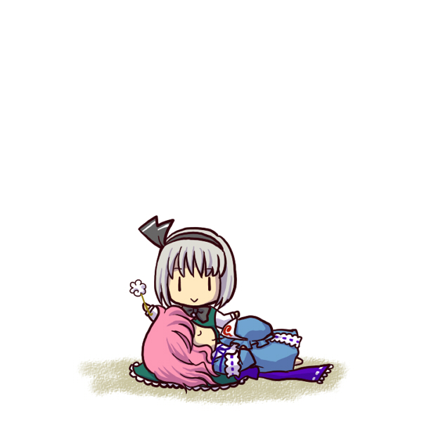 socha, konpaku youmu, saigyouji yuyuko, touhou, 2girls, :>, chibi, closed eyes, female focus, lap pillow, mimikaki, multiple girls, simple background, sleeping, | |