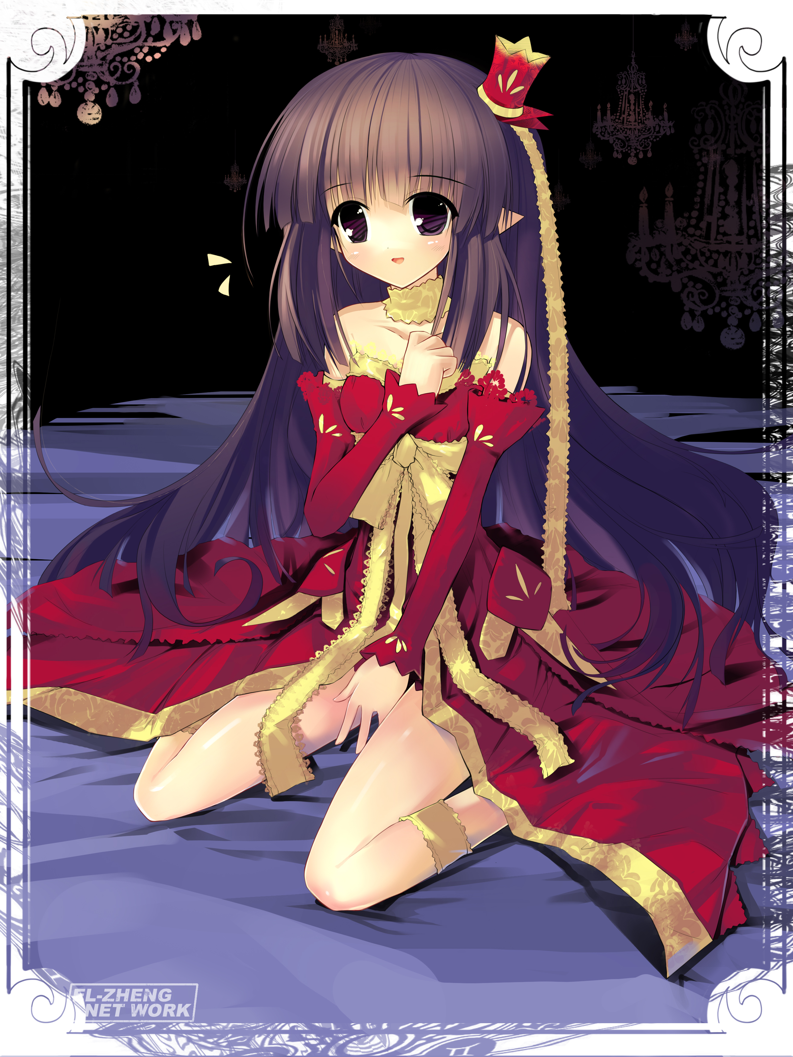 dan evan, absurdres, highres, bare shoulders, brown hair, detached sleeves, dress, hair ornament, long hair, pointy ears, purple eyes, sitting, solo