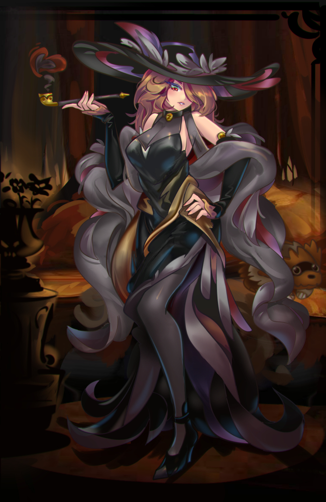 kaizeru, zigzagoon, nintendo, original, pokemon, character request, blonde hair, breasts, claws, cleavage, detached sleves, feathered hat, fluffy, gen 3 pokemon, hair over one eye, hat, high heels, kiseru, muted color, pokemon (creature), red eyes, shawl, smirk, smoking, smoking pipe