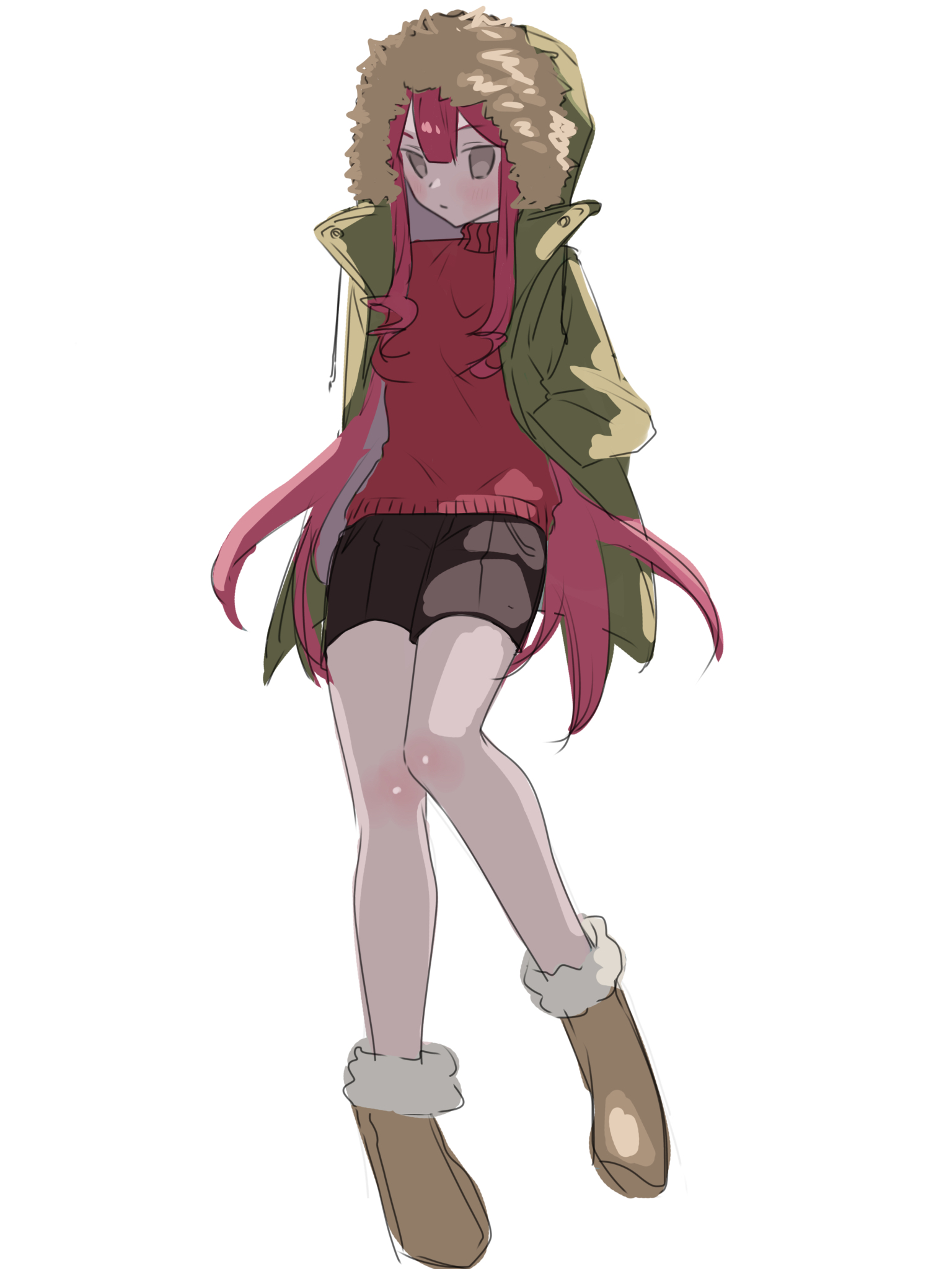 590kogure590, baobhan sith (fate), fate/grand order, fate (series), highres, 1girl, black shorts, blush, brown shoes, coat, fur-trimmed coat, fur trim, green coat, grey eyes, long hair, looking at viewer, open clothes, open coat, red hair, red shirt, shirt, shoes, shorts, solo