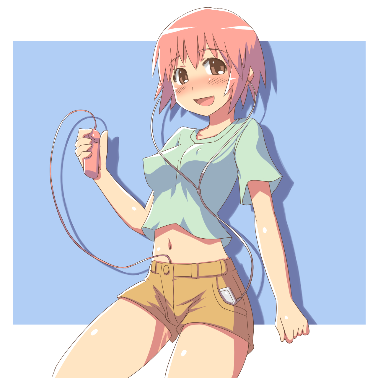 aaaa (quad-a), original, bad id, bad pixiv id, highres, 1girl, blush, breasts, brown eyes, brown hair, cable divider, covered erect nipples, digital media player, female focus, female masturbation, masturbation, midriff, navel, no bra, pink hair, public indecency, public vibrator, pussy juice, sex toy, short hair, shorts, small breasts, smile, solo, vibrator, vibrator under clothes